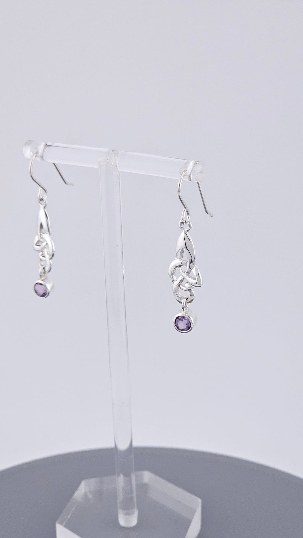 925 Sterling Silver Amethyst Celtic Knot Drop Earrings – 40mm Triquetra Dangle (3.4g)