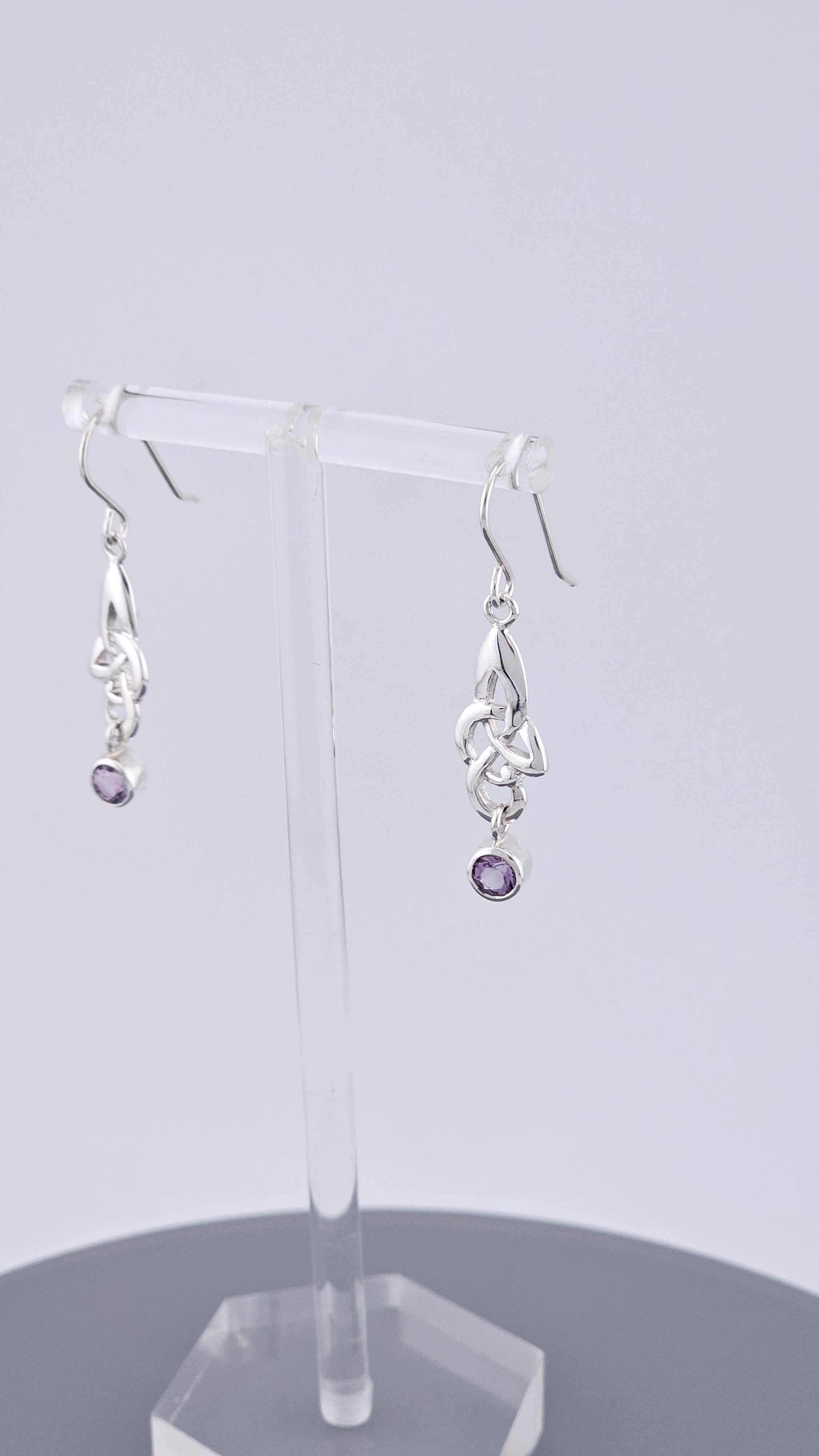 925 Sterling Silver Amethyst Celtic Knot Drop Earrings – 40mm Triquetra Dangle (3.4g)