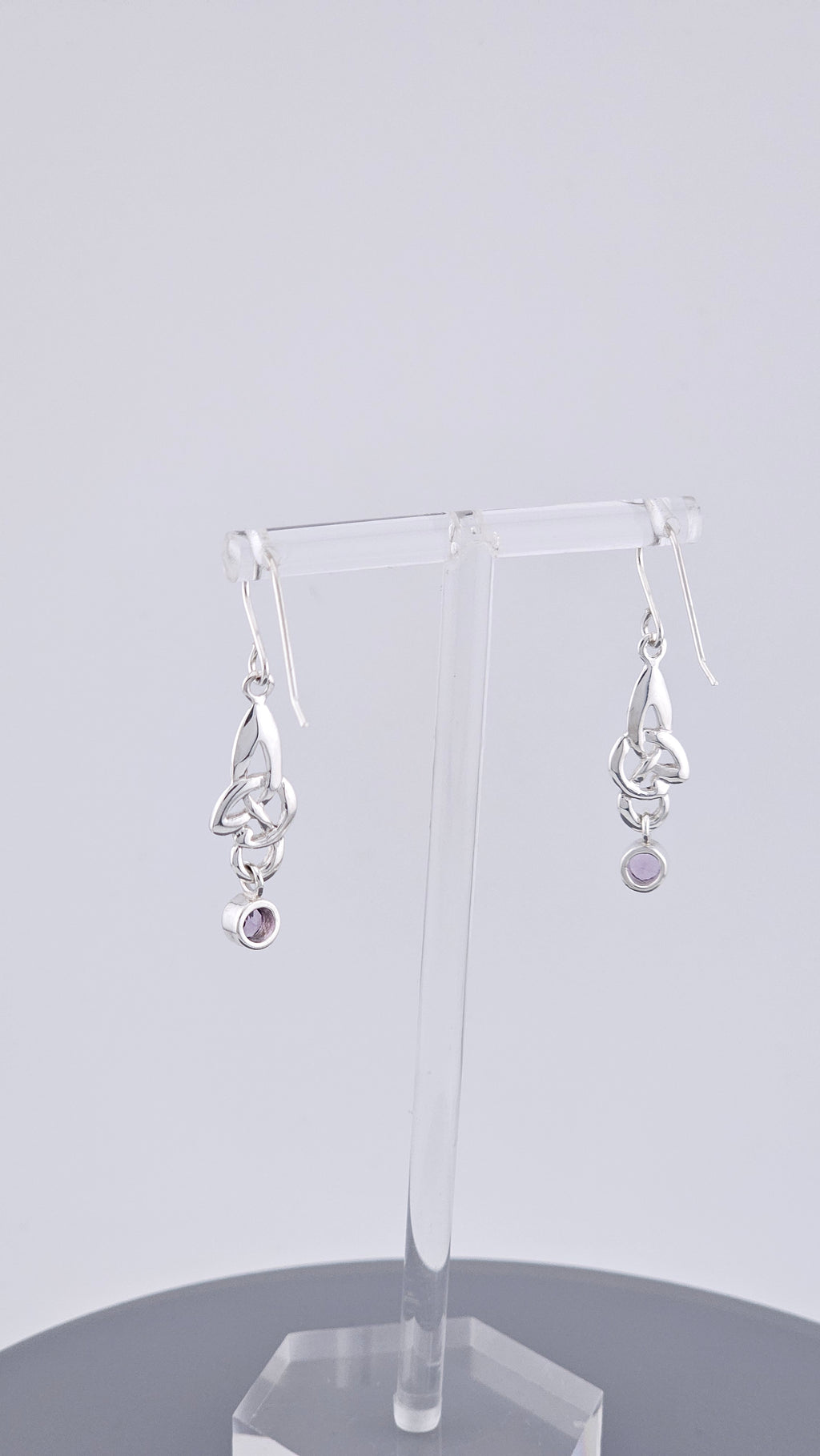 925 Sterling Silver Amethyst Celtic Knot Drop Earrings – 40mm Triquetra Dangle (3.4g)