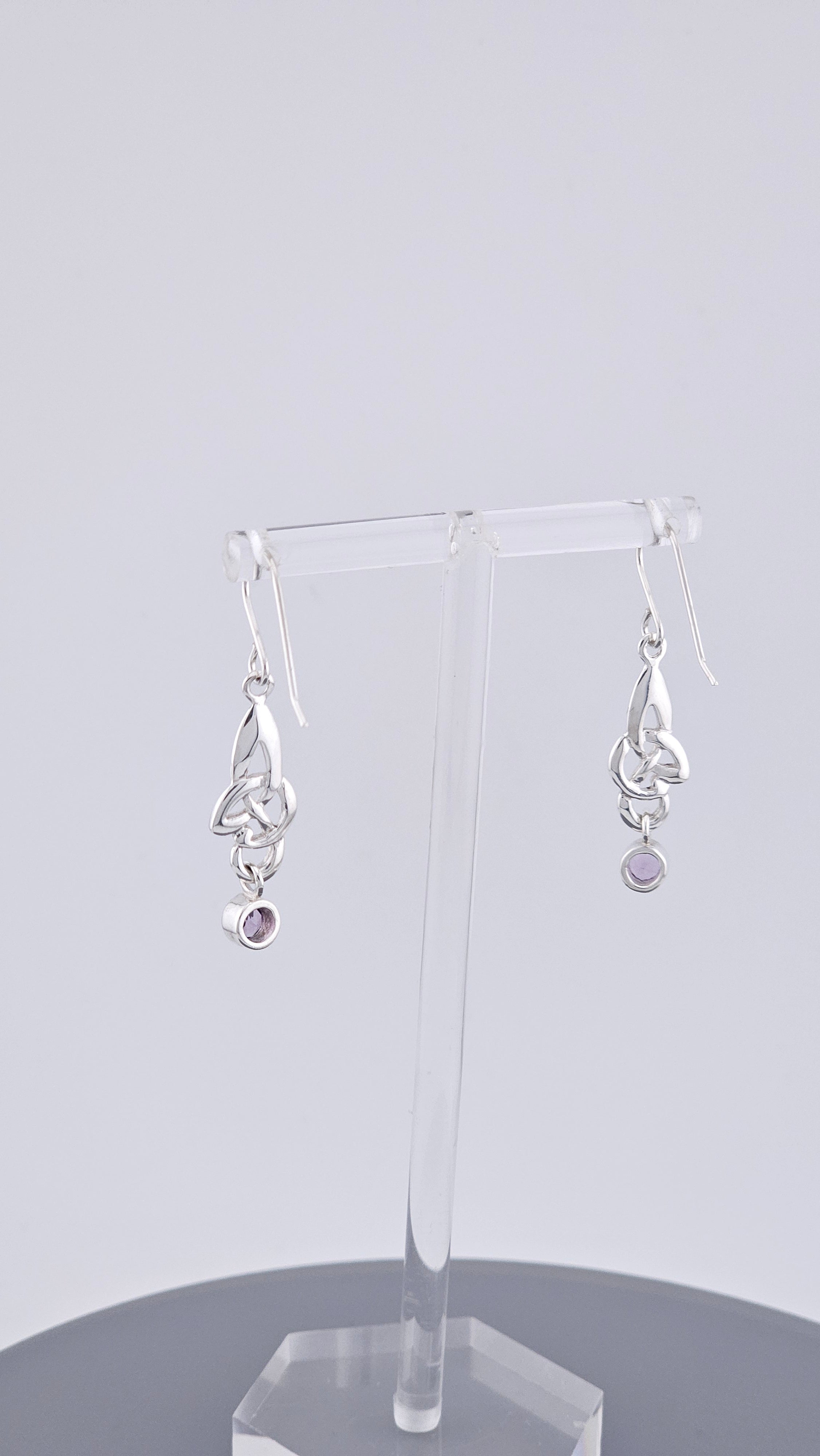 925 Sterling Silver Amethyst Celtic Knot Drop Earrings – 40mm Triquetra Dangle (3.4g)