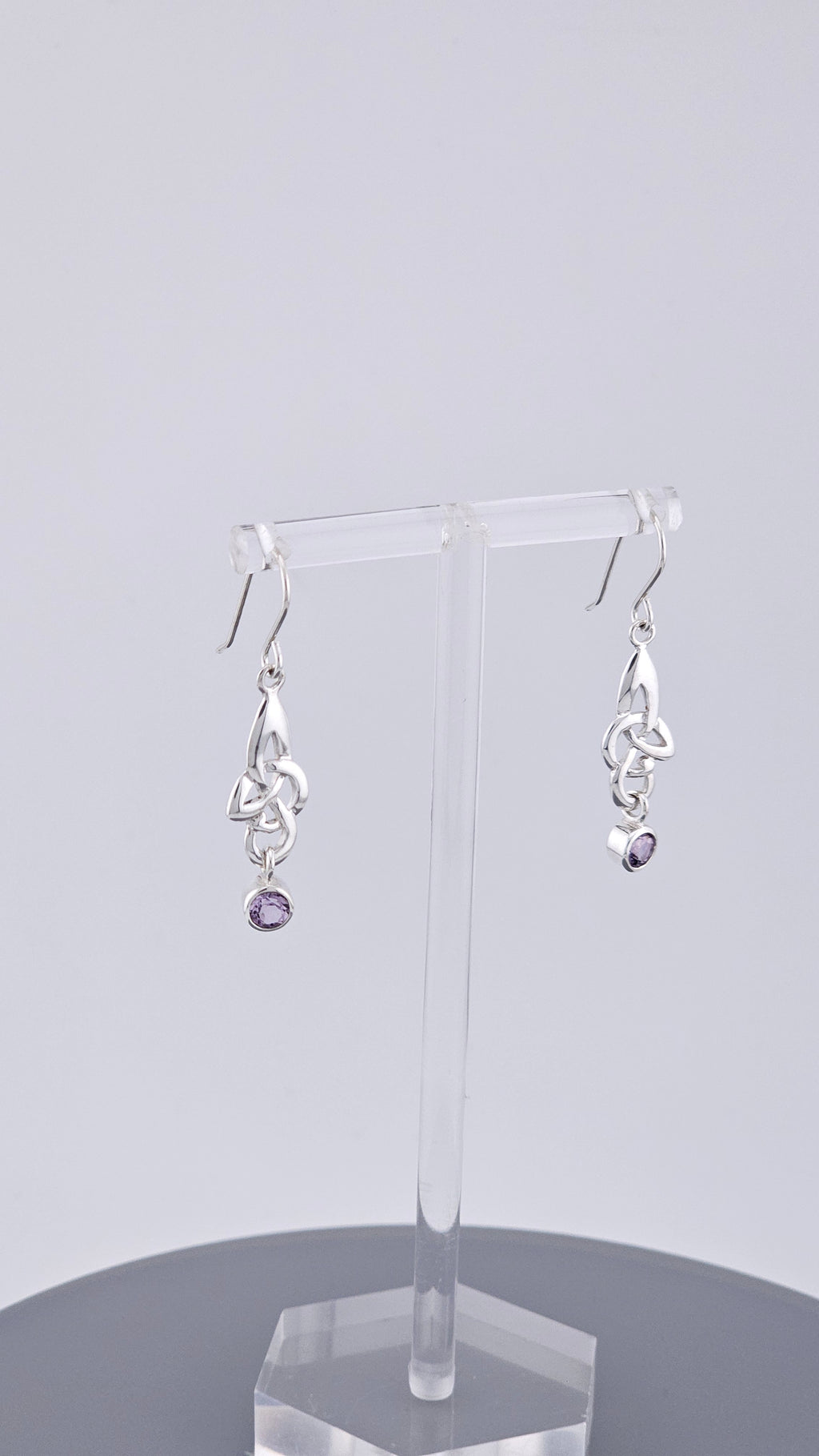 925 Sterling Silver Amethyst Celtic Knot Drop Earrings – 40mm Triquetra Dangle (3.4g)