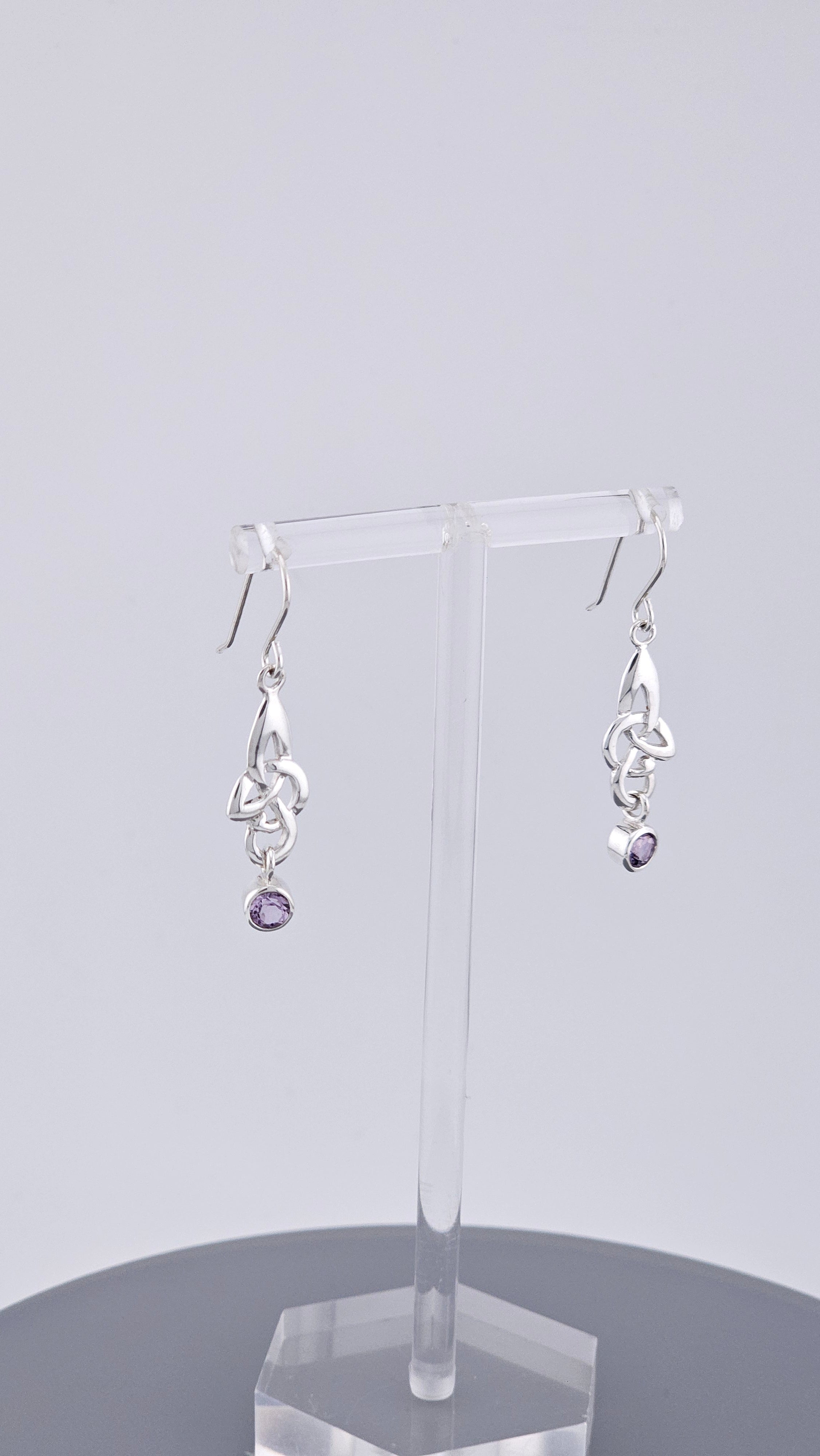 925 Sterling Silver Amethyst Celtic Knot Drop Earrings – 40mm Triquetra Dangle (3.4g)