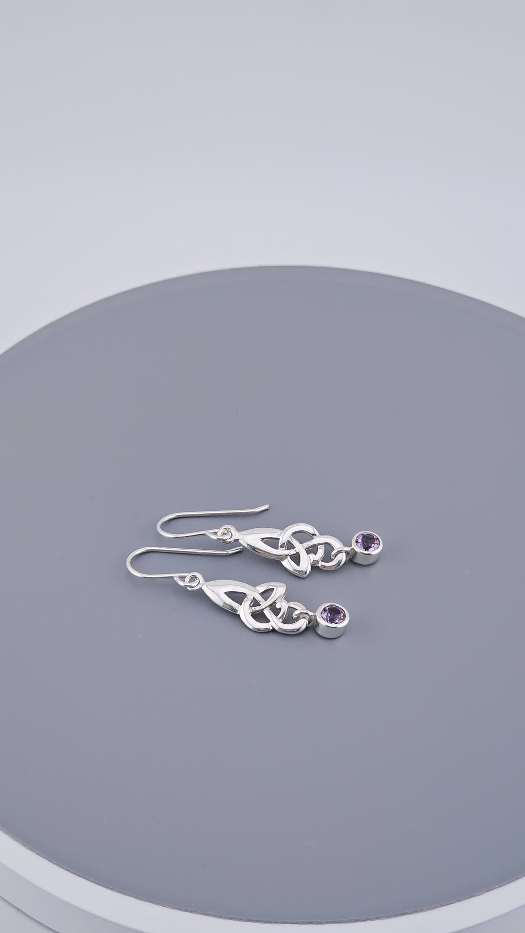 925 Sterling Silver Amethyst Celtic Knot Drop Earrings – 40mm Triquetra Dangle (3.4g)