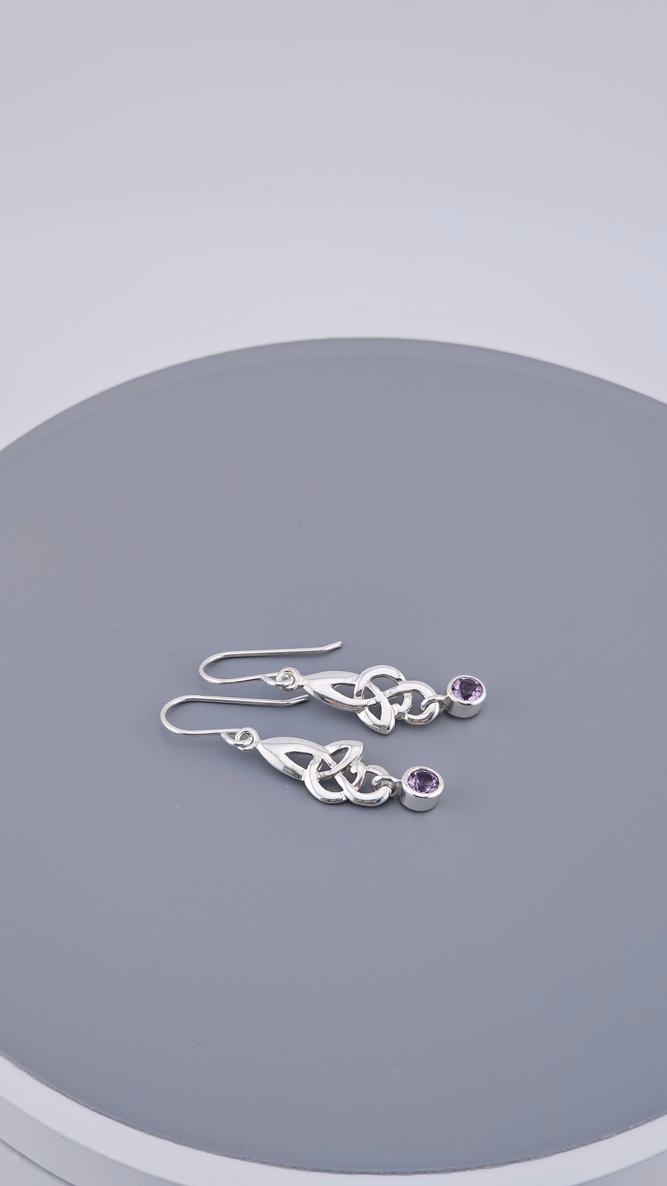 925 Sterling Silver Amethyst Celtic Knot Drop Earrings – 40mm Triquetra Dangle (3.4g)