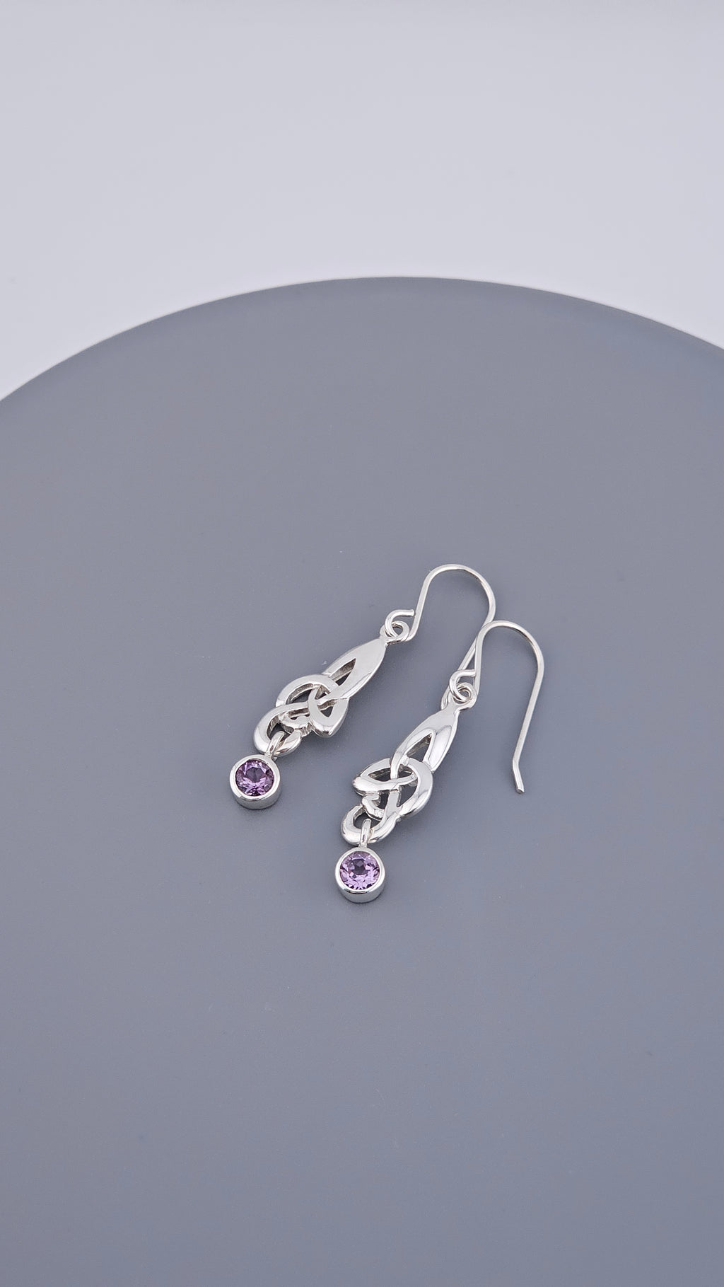 925 Sterling Silver Amethyst Celtic Knot Drop Earrings – 40mm Triquetra Dangle (3.4g)