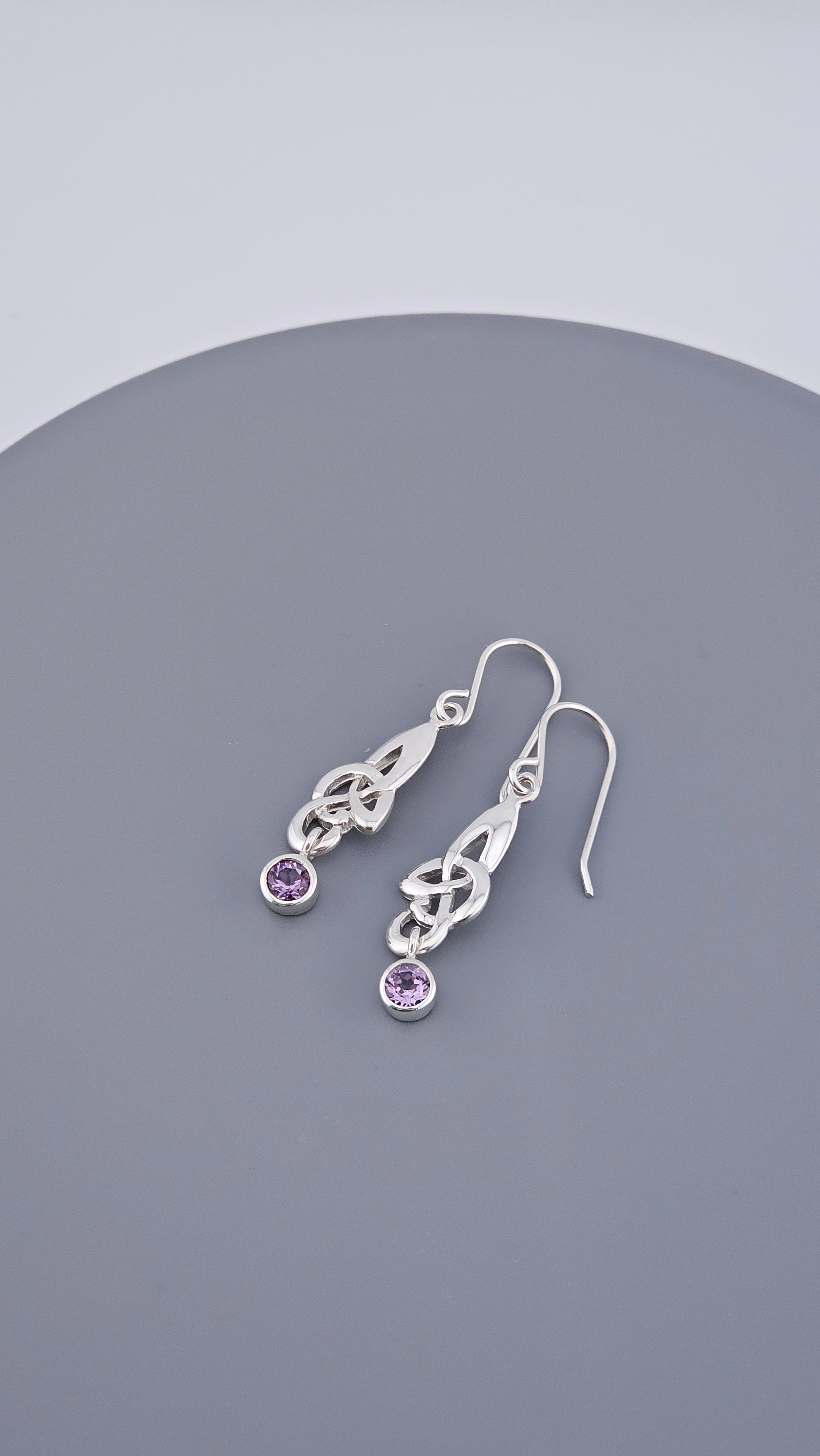 925 Sterling Silver Amethyst Celtic Knot Drop Earrings – 40mm Triquetra Dangle (3.4g)