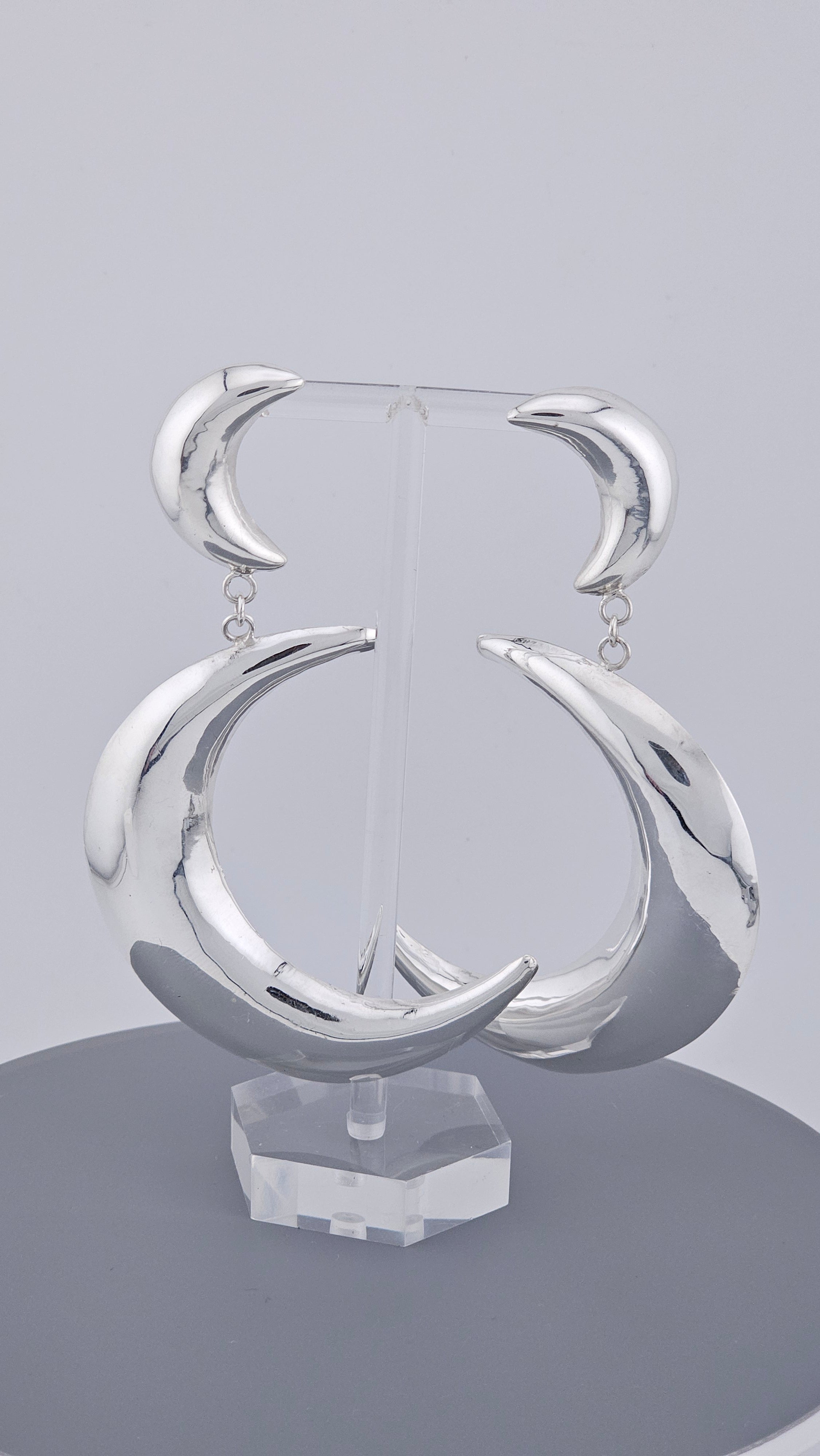 925 Sterling Silver Large Double Crescent Moon Dangle Earrings – 55mm Celestial Statement (15.7g)