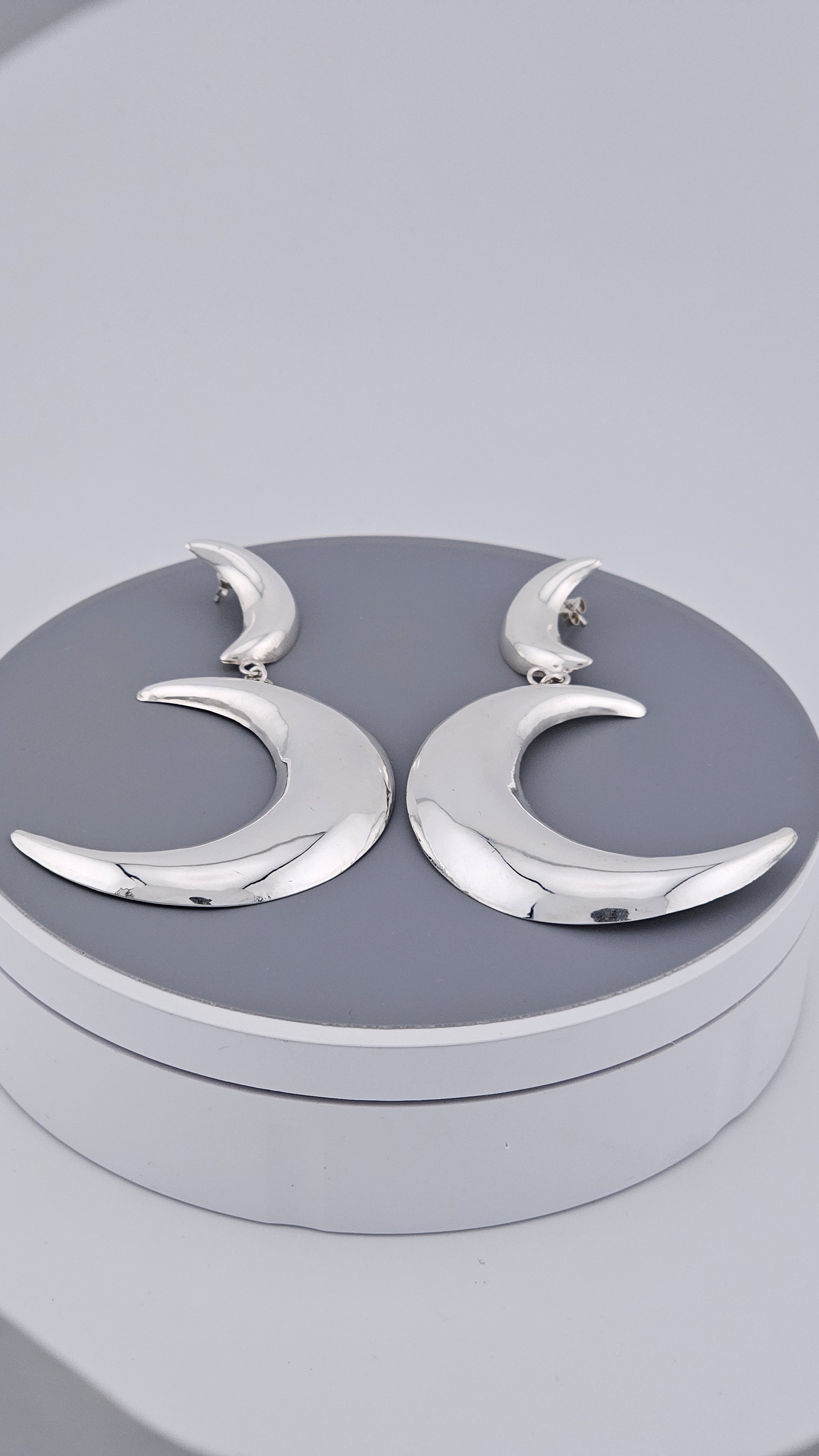 925 Sterling Silver Large Double Crescent Moon Dangle Earrings – 55mm Celestial Statement (15.7g)