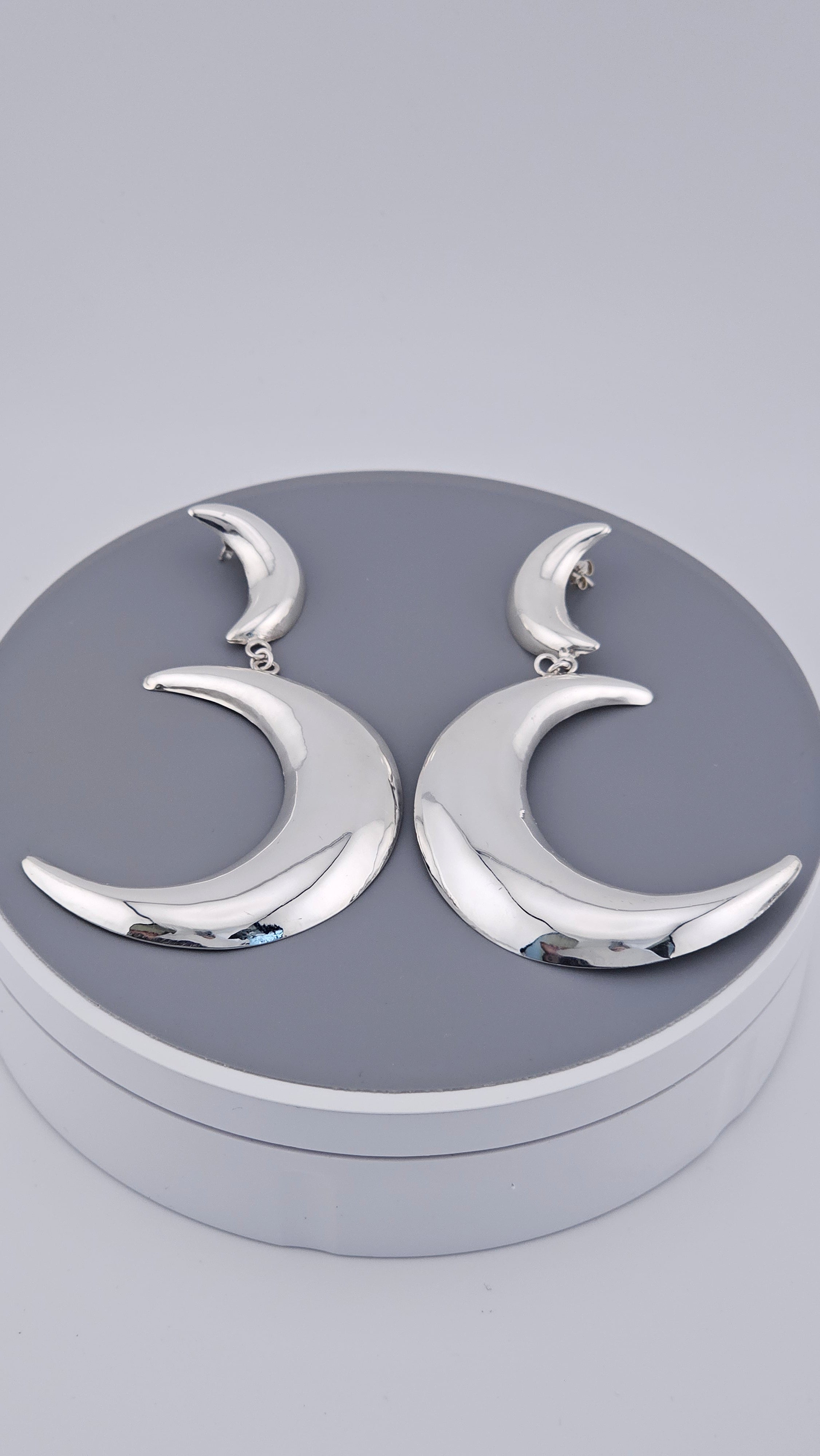 925 Sterling Silver Large Double Crescent Moon Dangle Earrings – 55mm Celestial Statement (15.7g)