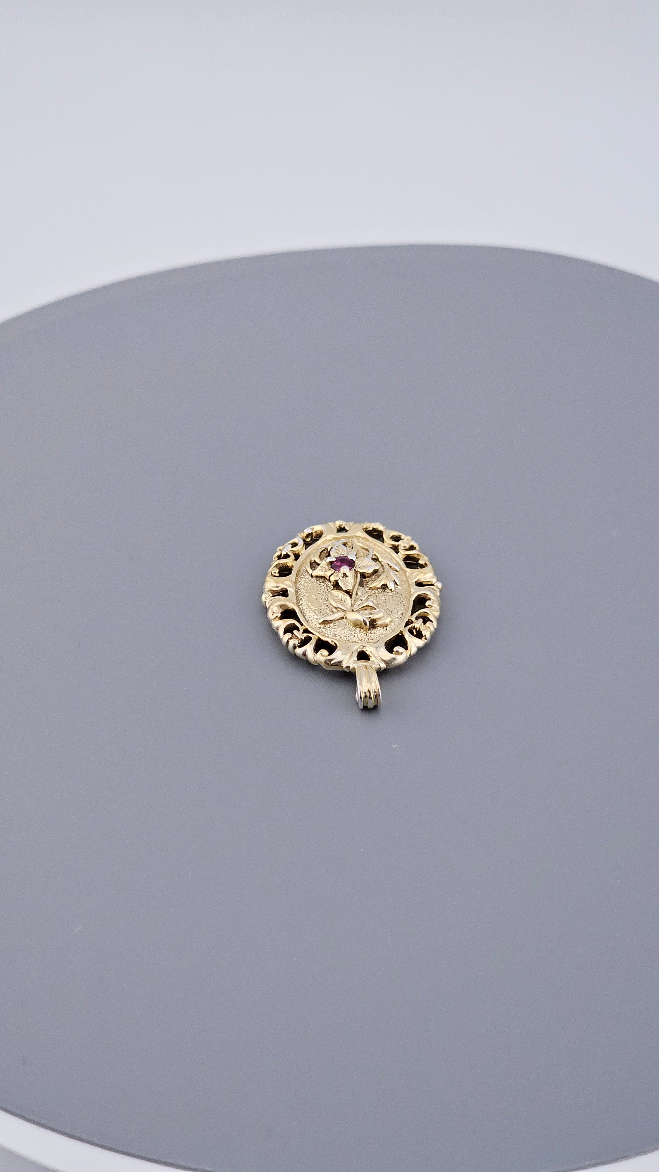 Vintage Silver Gilt Ruby Floral Pendant – "Happily Wed" Inscription – 28mm (5.58g)