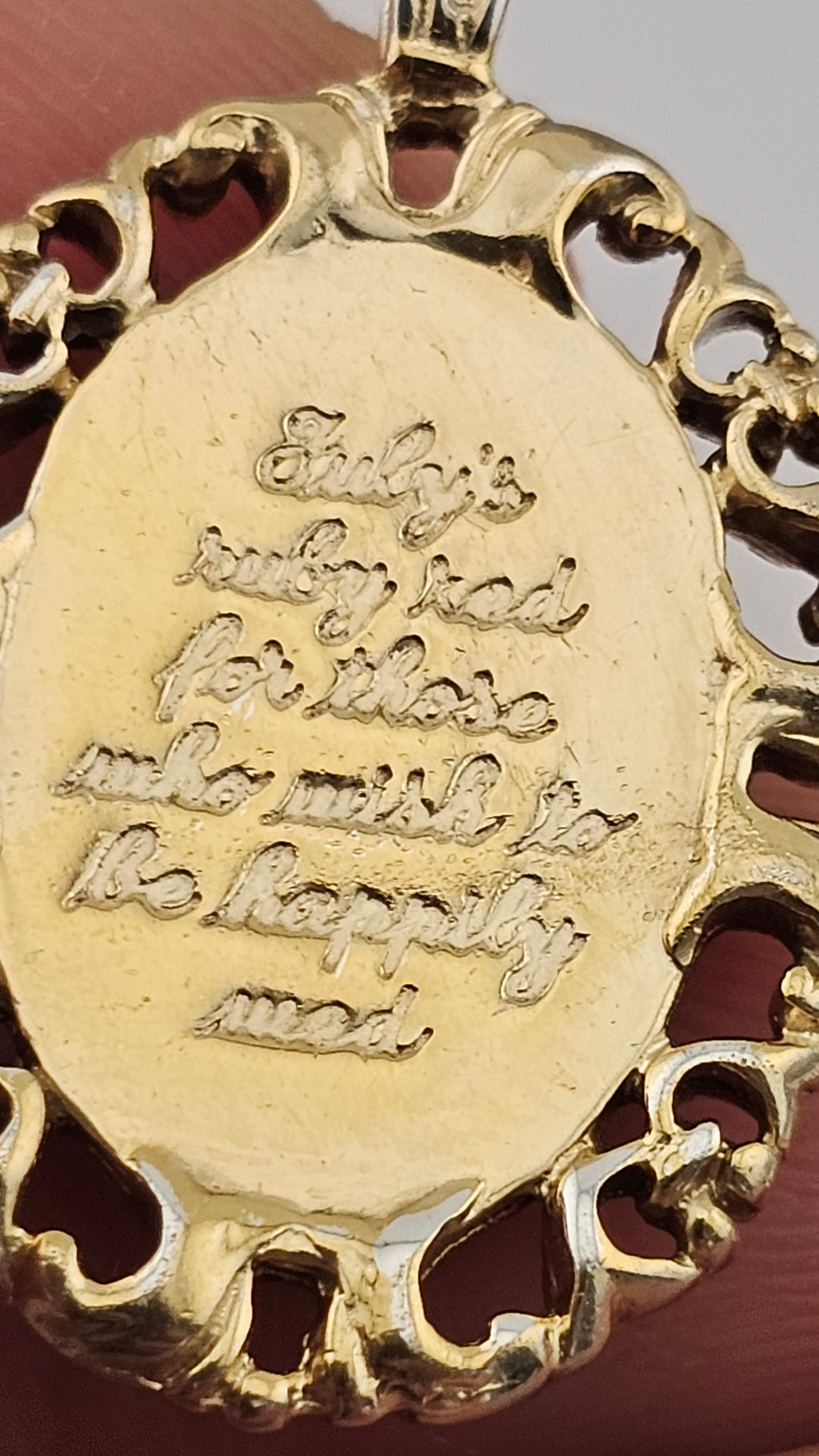 Vintage Silver Gilt Ruby Floral Pendant – "Happily Wed" Inscription – 28mm (5.58g)