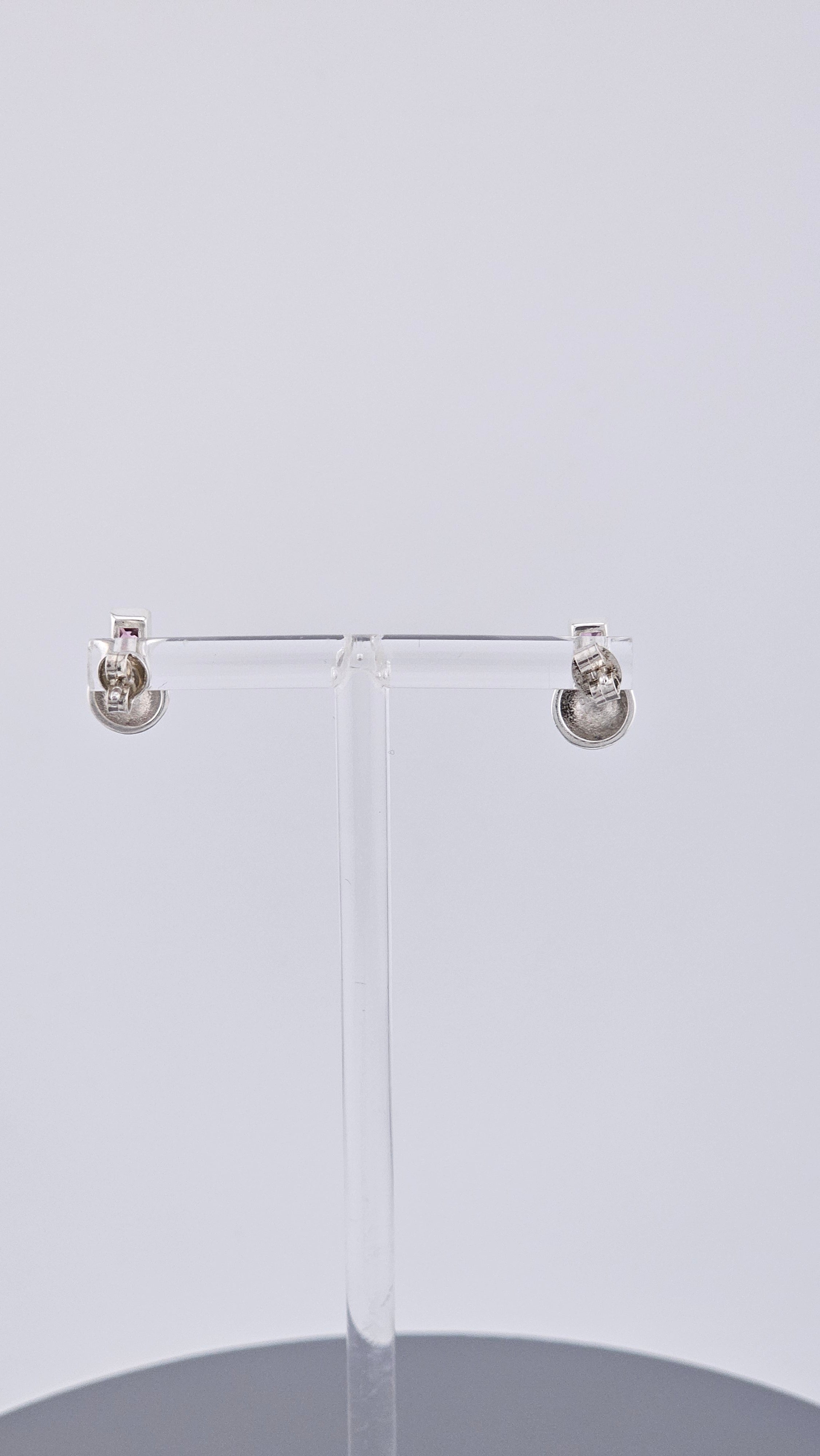 925 Sterling Silver & Square Cut Pink Topaz Stylized Rose Stud Earrings – 1.9g