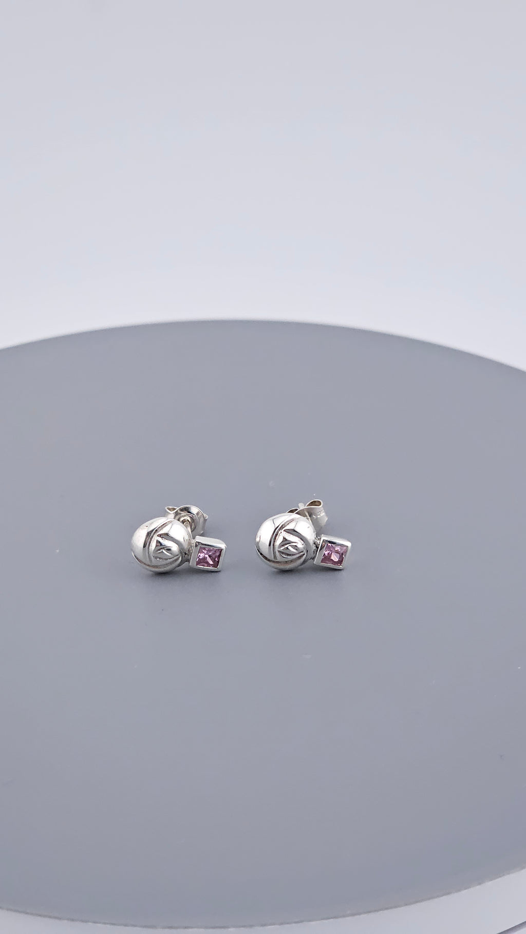 925 Sterling Silver & Square Cut Pink Topaz Stylized Rose Stud Earrings – 1.9g