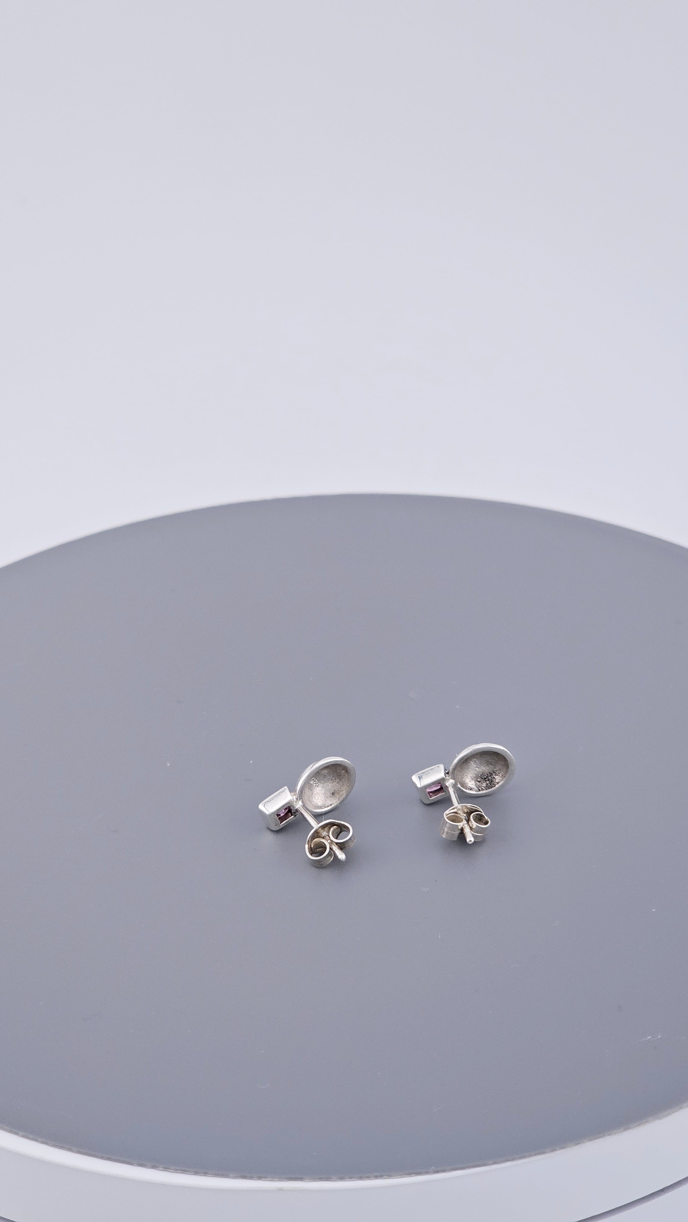 925 Sterling Silver & Square Cut Pink Topaz Stylized Rose Stud Earrings – 1.9g