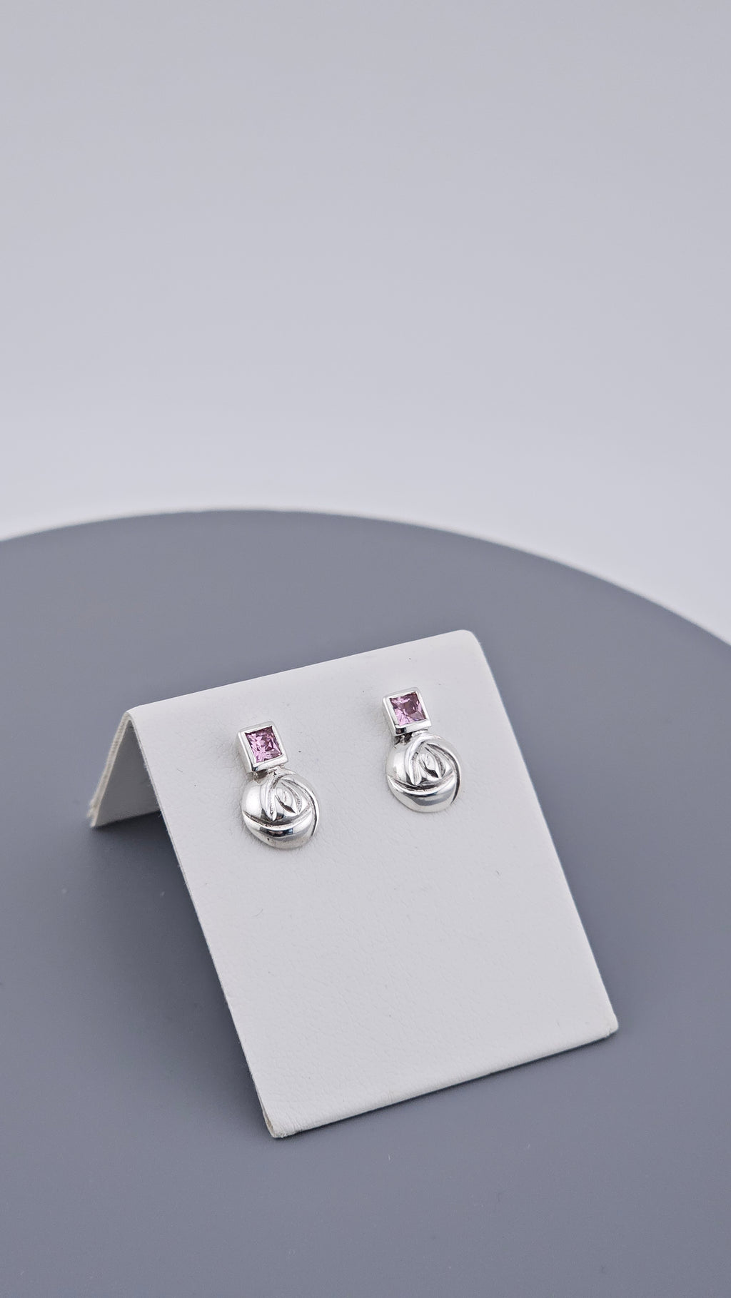 925 Sterling Silver & Square Cut Pink Topaz Stylized Rose Stud Earrings – 1.9g