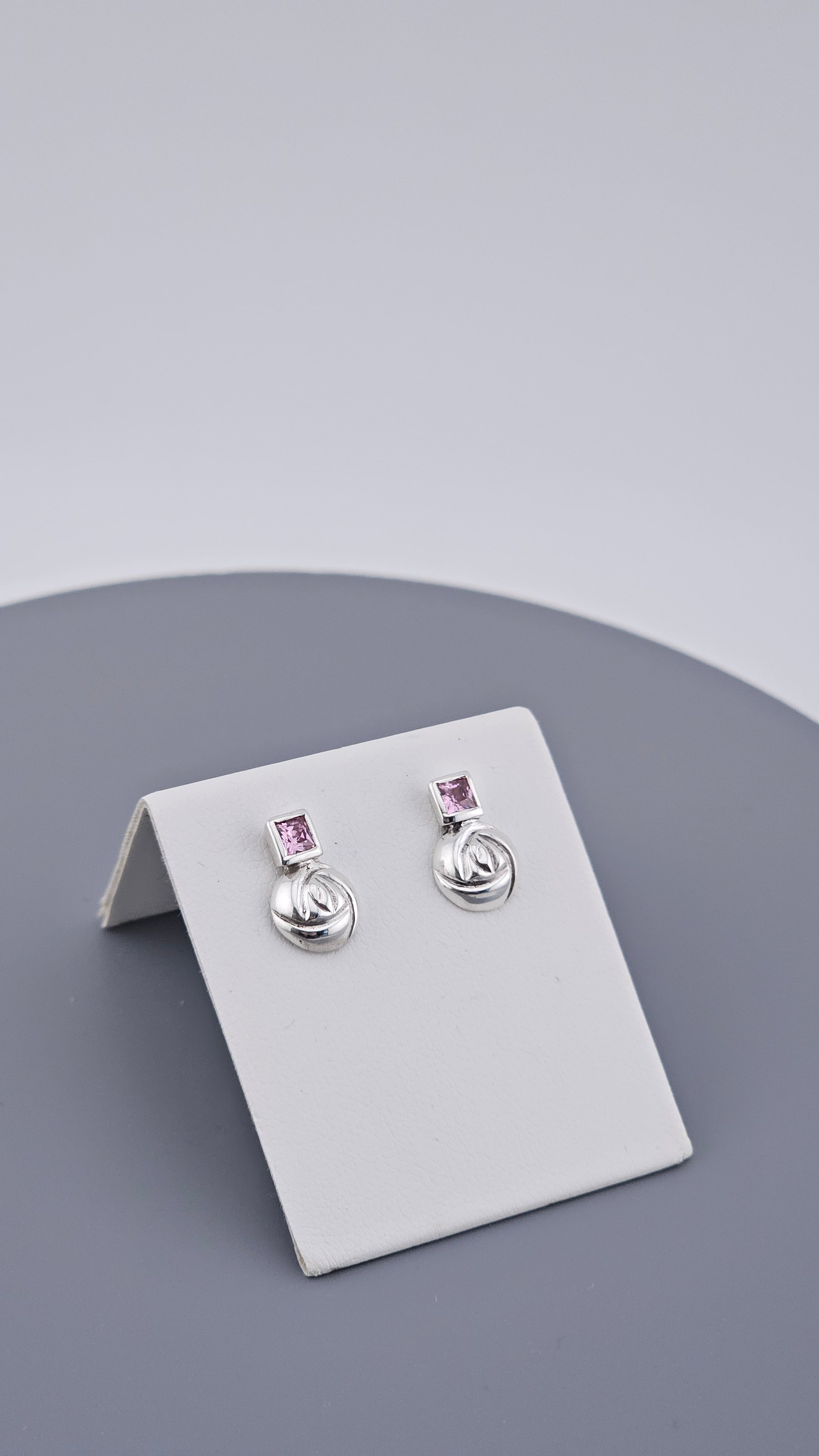 925 Sterling Silver & Square Cut Pink Topaz Stylized Rose Stud Earrings – 1.9g