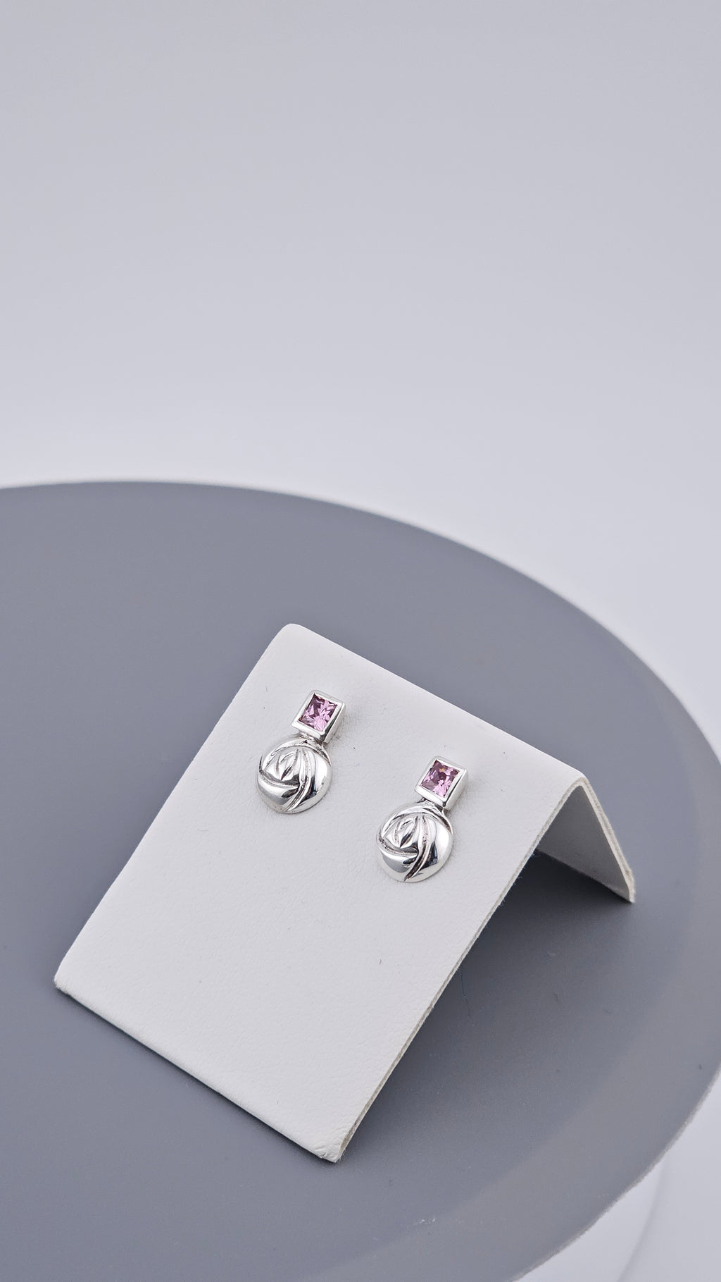 925 Sterling Silver & Square Cut Pink Topaz Stylized Rose Stud Earrings – 1.9g