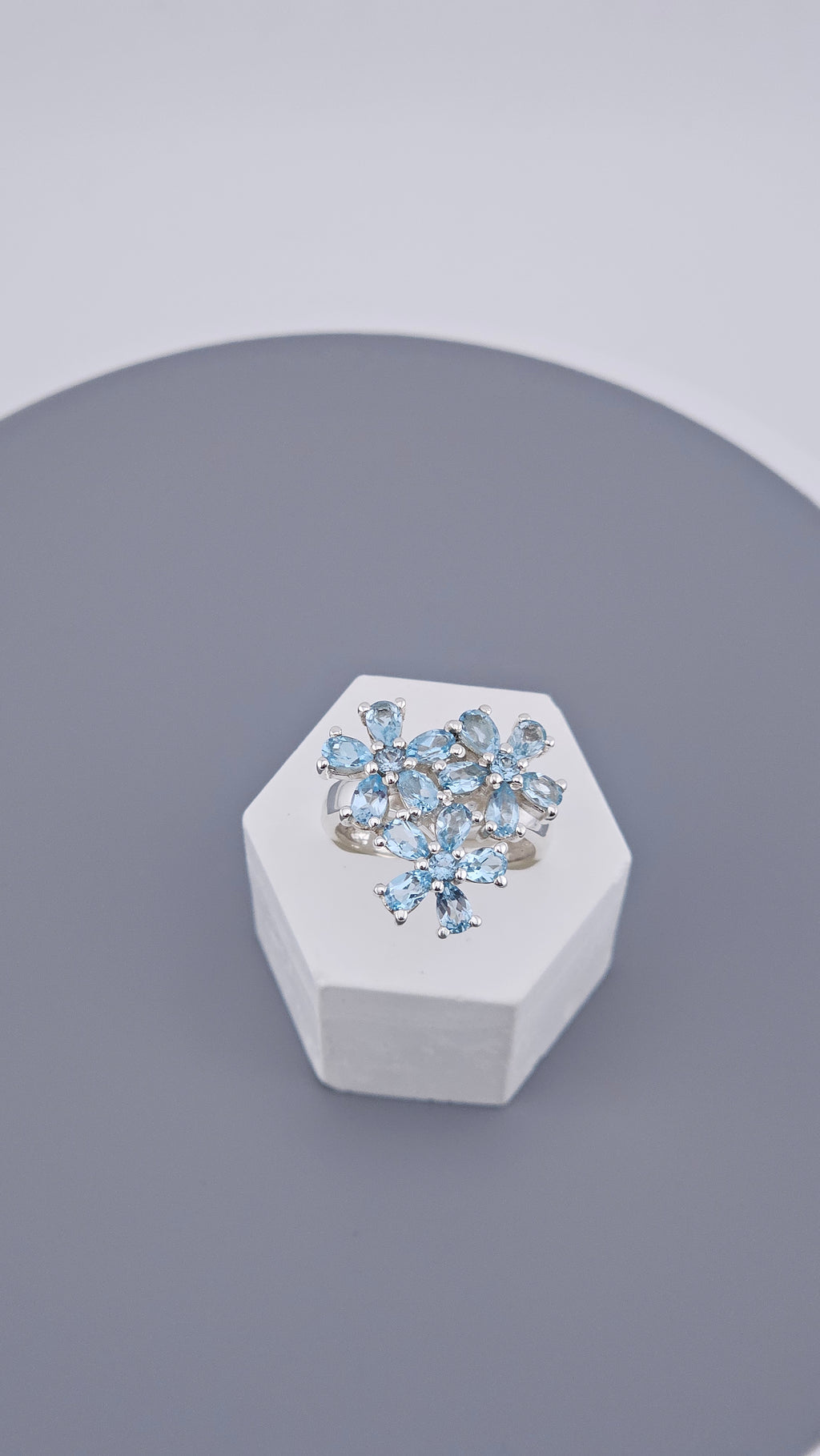 Pre-Loved 925 Sterling Silver Blue Topaz Floral Cluster Ring - Size UK P ½ / US 8 (6.78g)