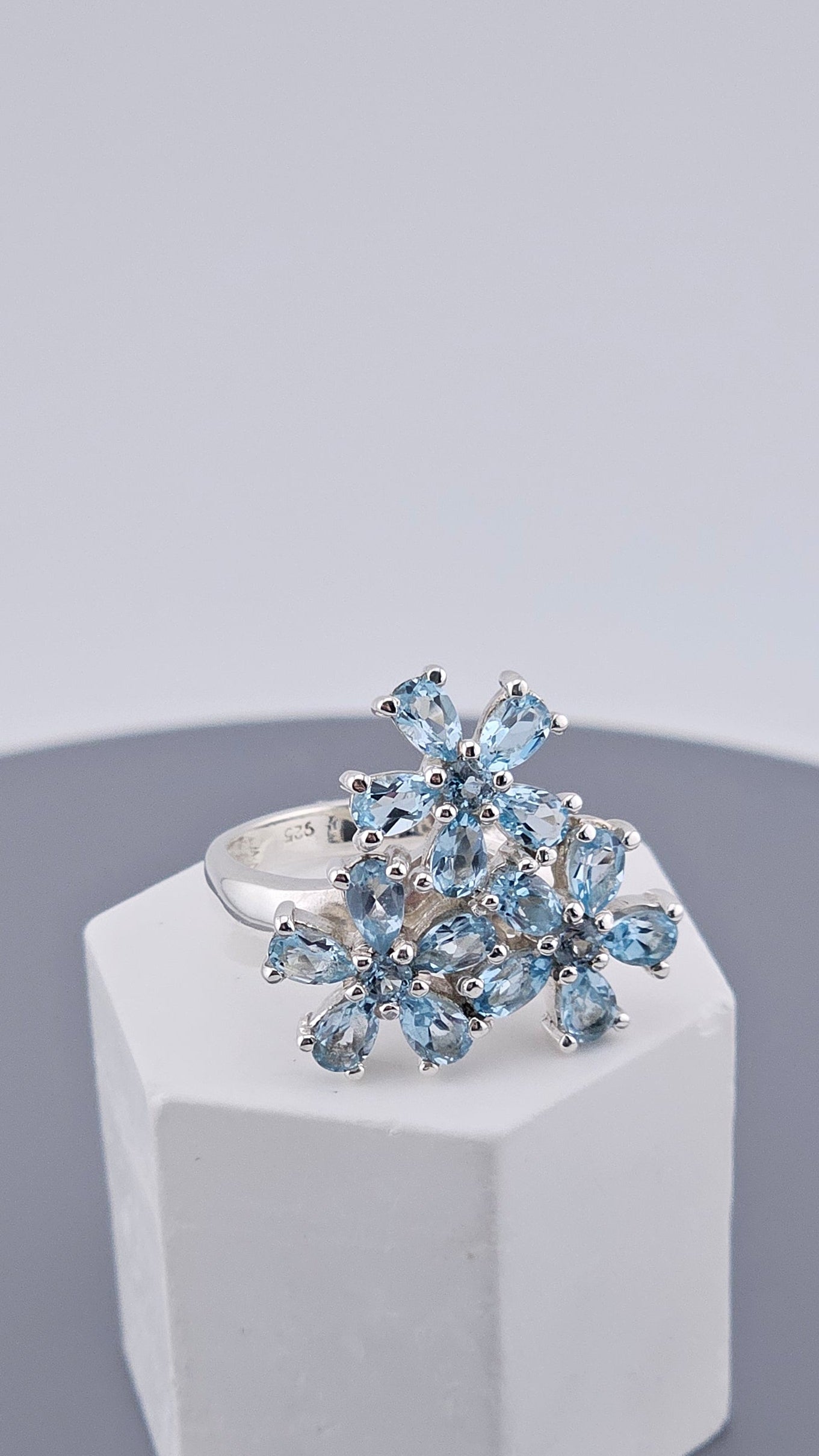 Pre-Loved 925 Sterling Silver Blue Topaz Floral Cluster Ring - Size UK P ½ / US 8 (6.78g)