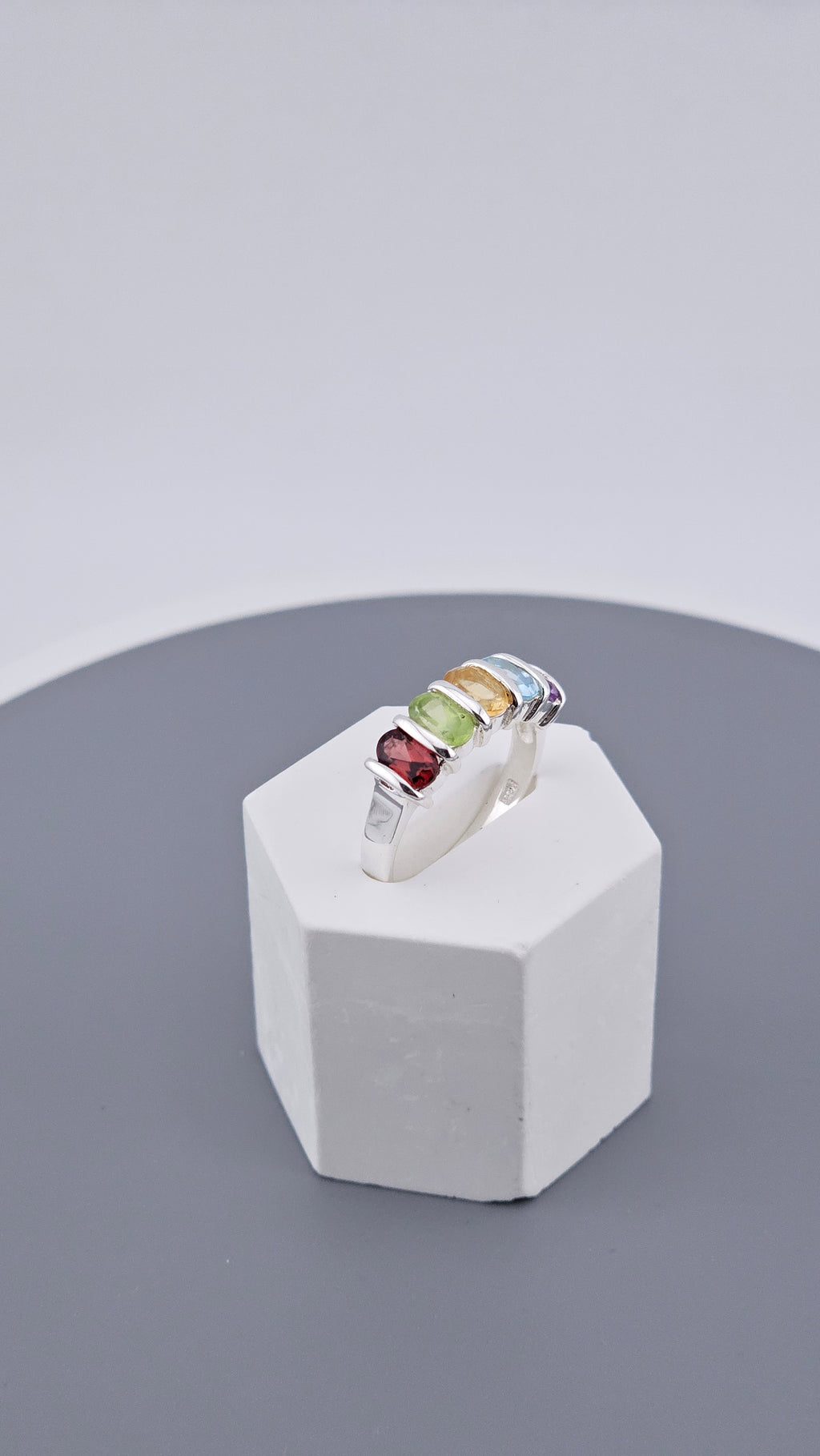 925 Sterling Silver Multi-Gemstone Rainbow Band Ring – Size P (US 7.5), 3.7g