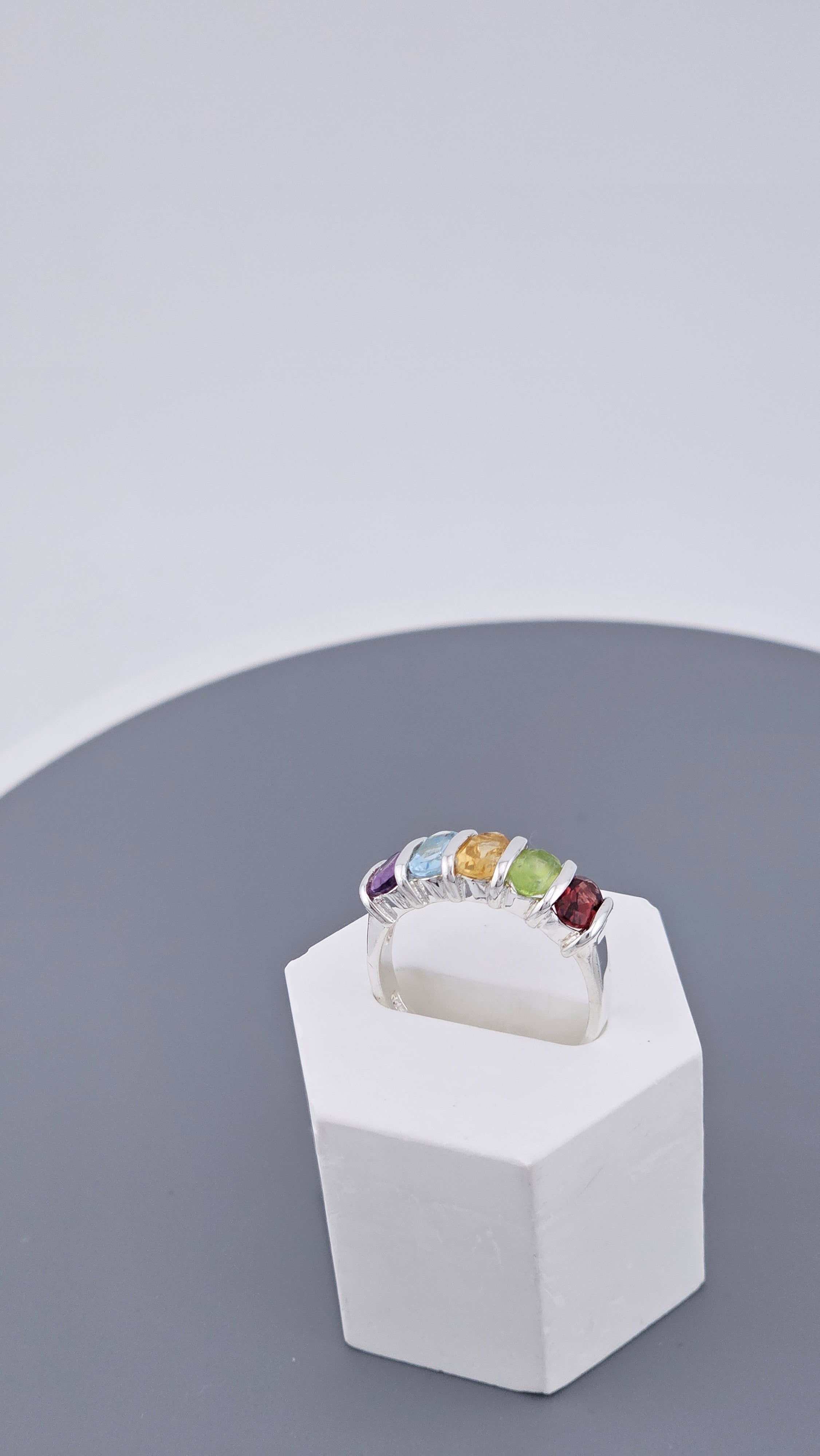 925 Sterling Silver Multi-Gemstone Rainbow Band Ring – Size P (US 7.5), 3.7g