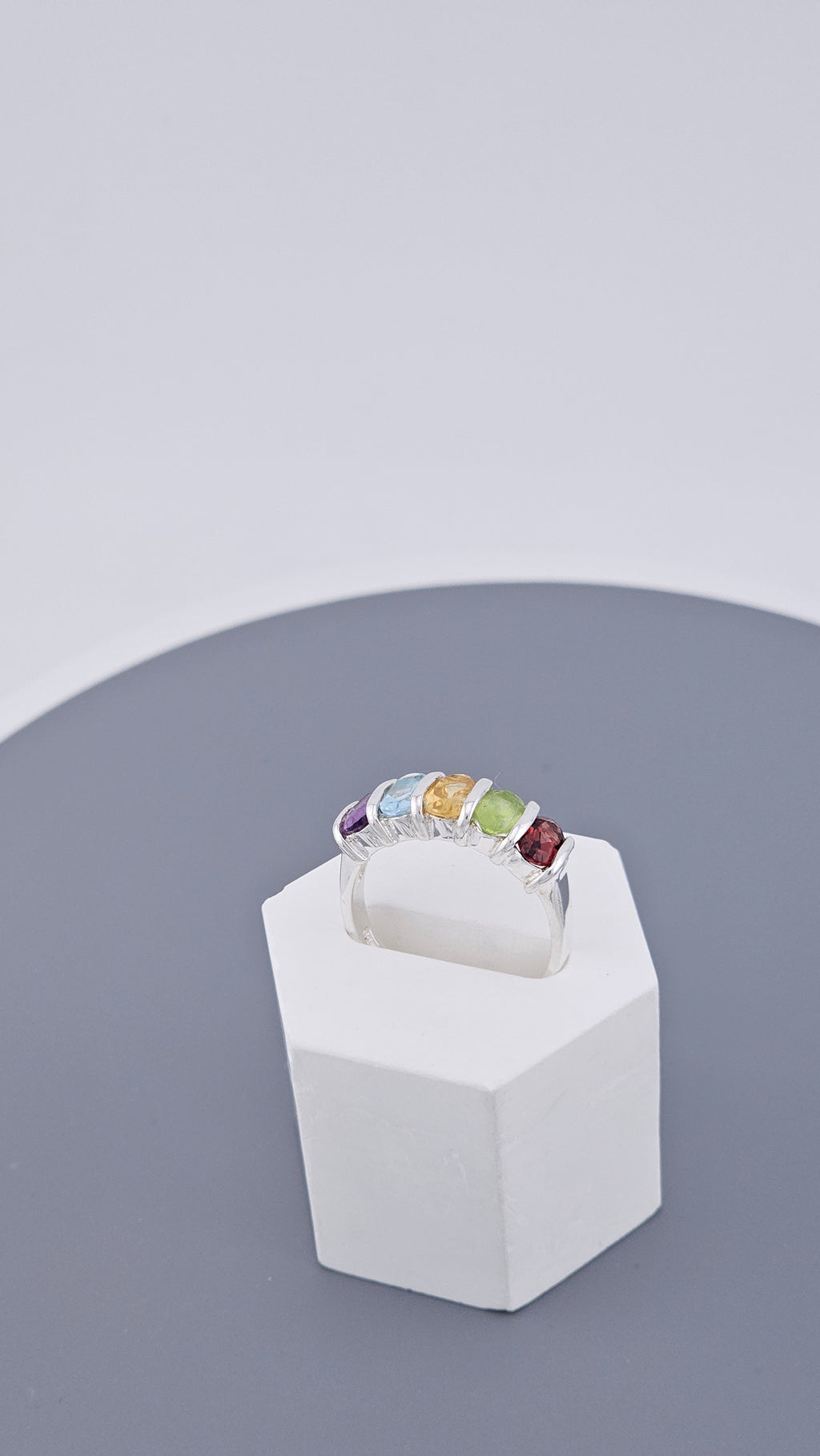 925 Sterling Silver Multi-Gemstone Rainbow Band Ring – Size P (US 7.5), 3.7g