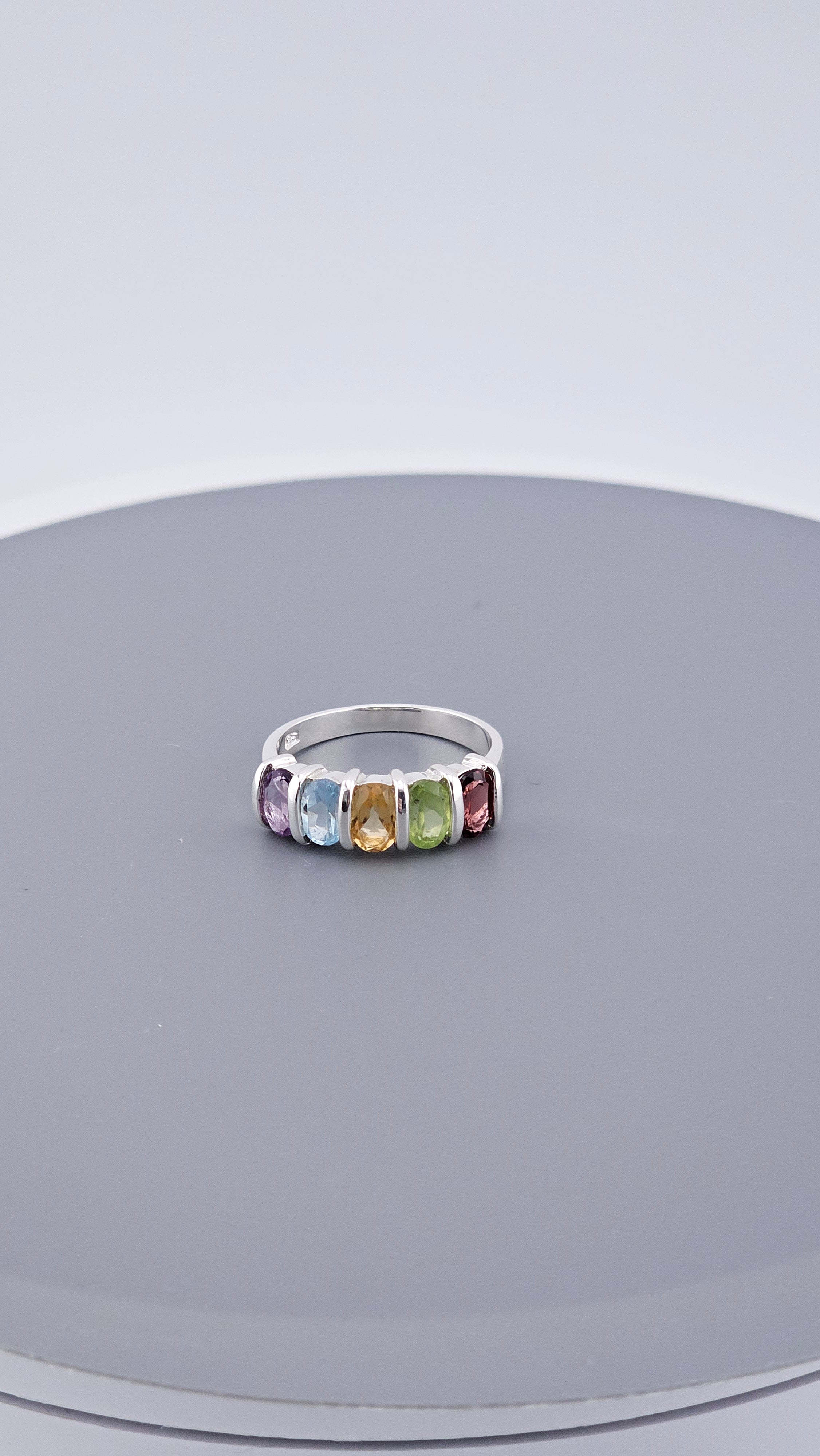 925 Sterling Silver Multi-Gemstone Rainbow Band Ring – Size P (US 7.5), 3.7g
