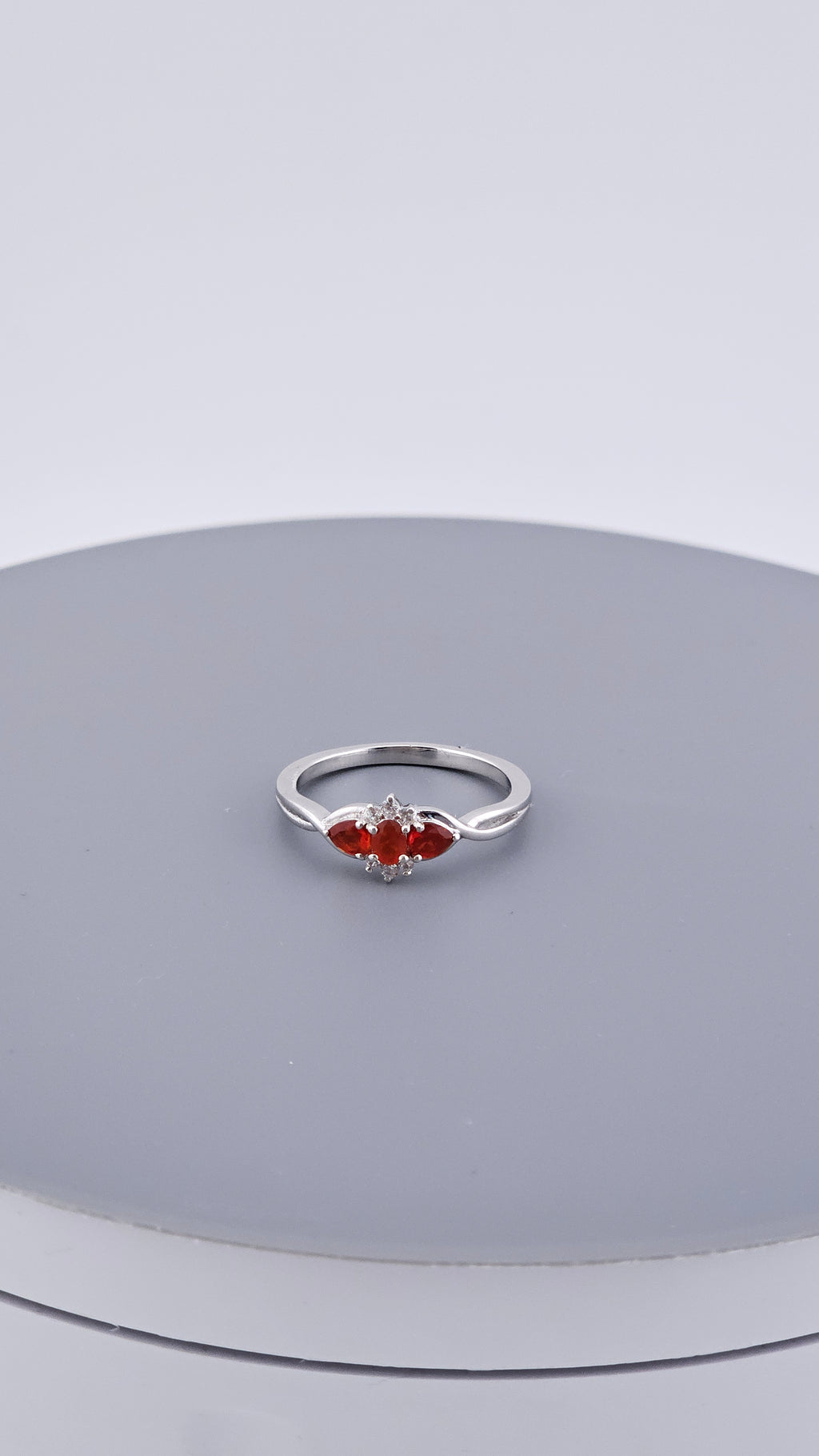 925 Sterling Silver Natural Crimson Fire Opal & White Zircon Trilogy Ring – Size R 1/2 (US 8.75)