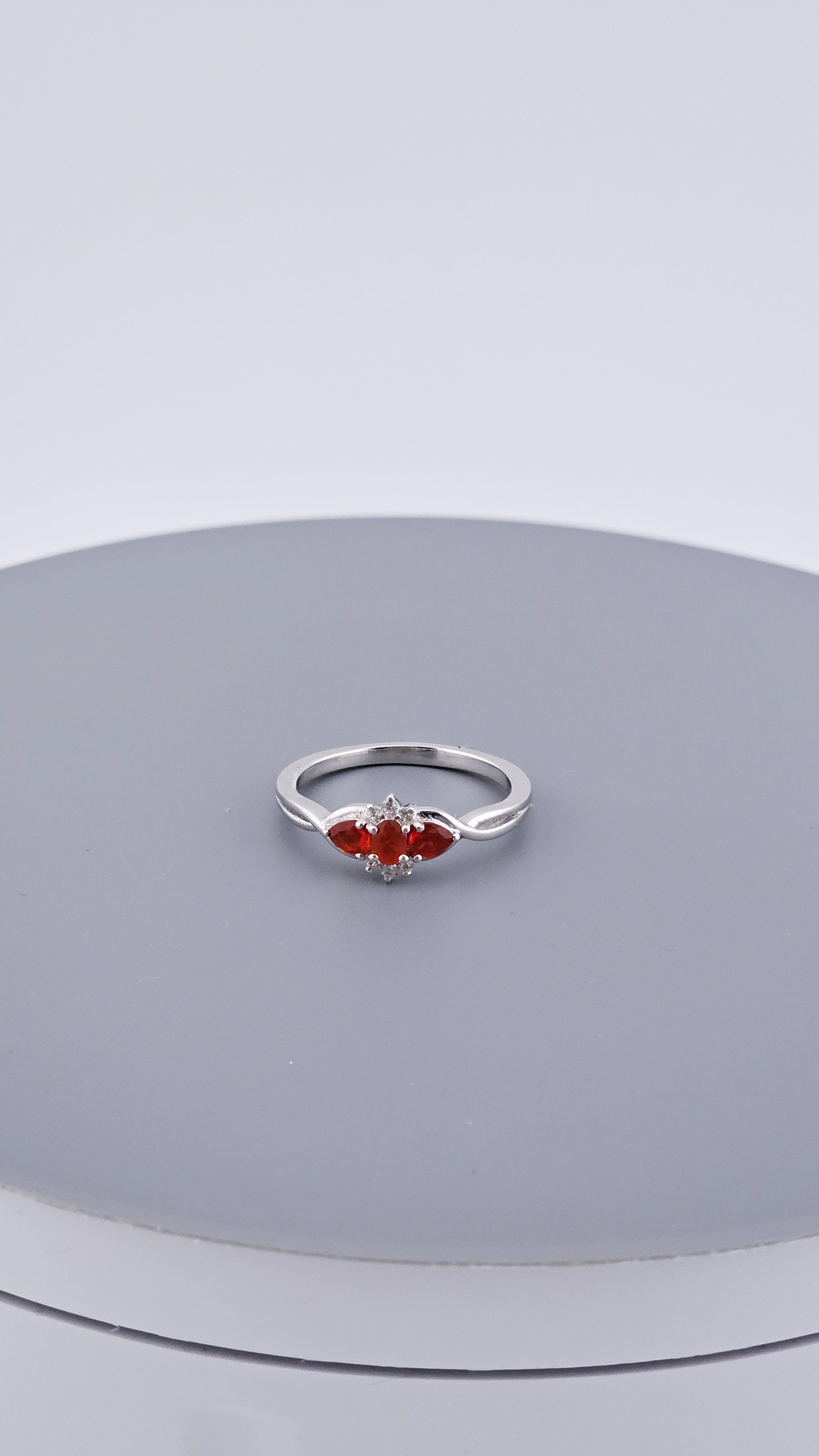 925 Sterling Silver Natural Crimson Fire Opal & White Zircon Trilogy Ring – Size R 1/2 (US 8.75)