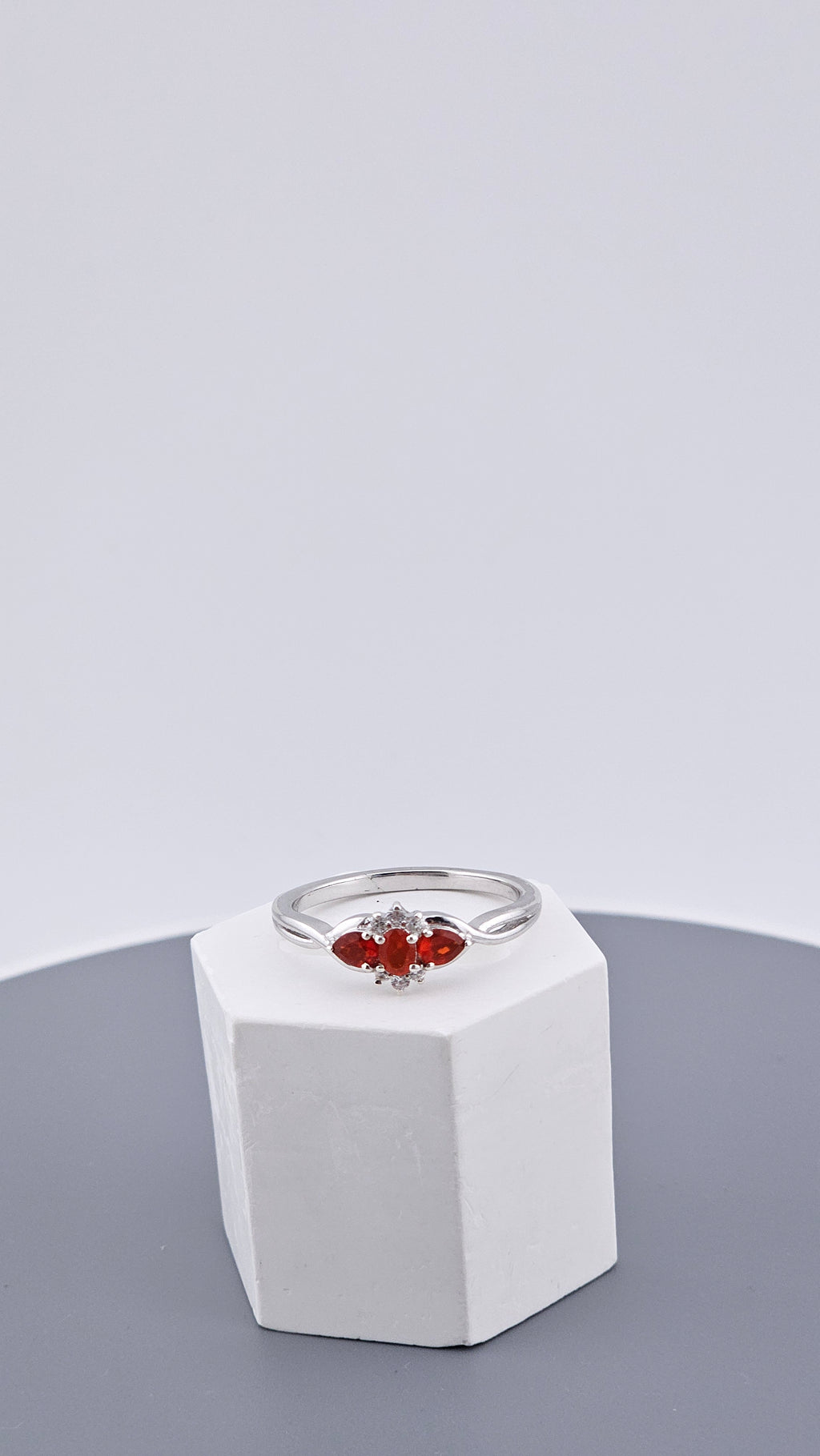 925 Sterling Silver Natural Crimson Fire Opal & White Zircon Trilogy Ring – Size R 1/2 (US 8.75)