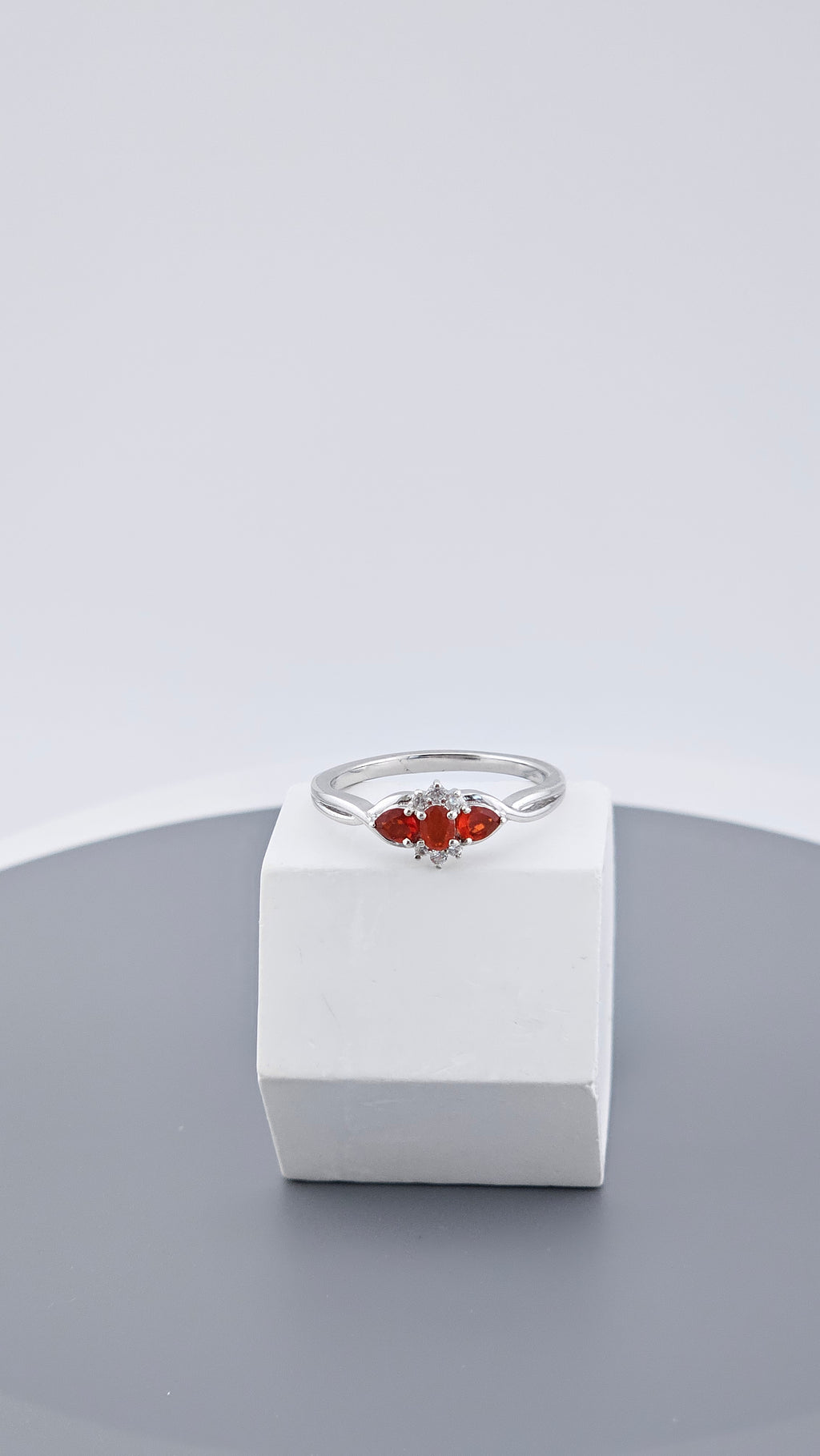 925 Sterling Silver Natural Crimson Fire Opal & White Zircon Trilogy Ring – Size R 1/2 (US 8.75)