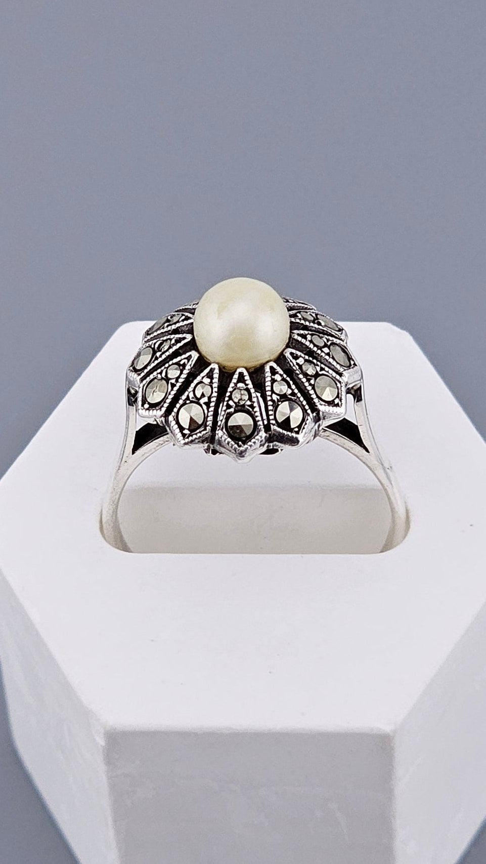 Vintage 925 Sterling Silver Pearl & Marcasite Flower Cluster Ring – Size N 1/2 (US 7)