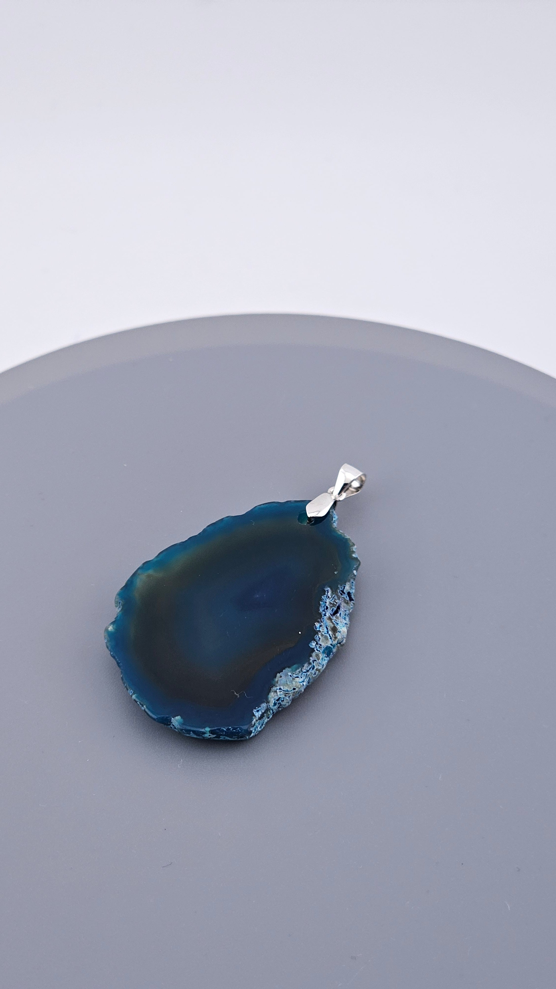 925 Sterling Silver Blue Agate Slice Statement Pendant
