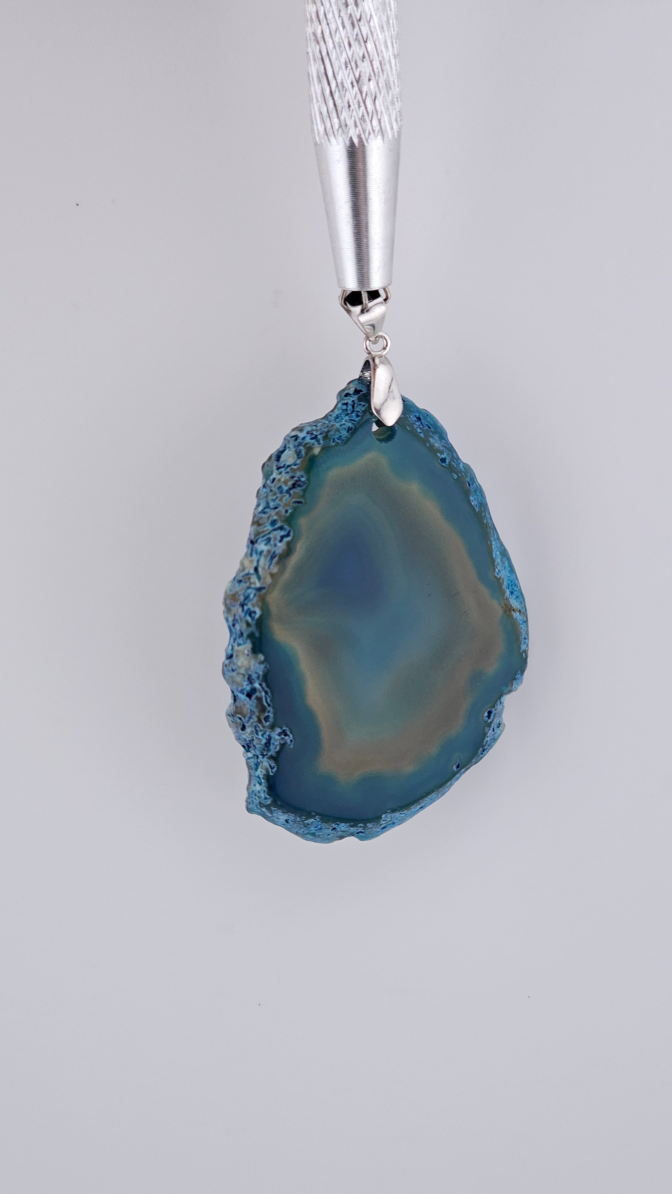 925 Sterling Silver Blue Agate Slice Statement Pendant