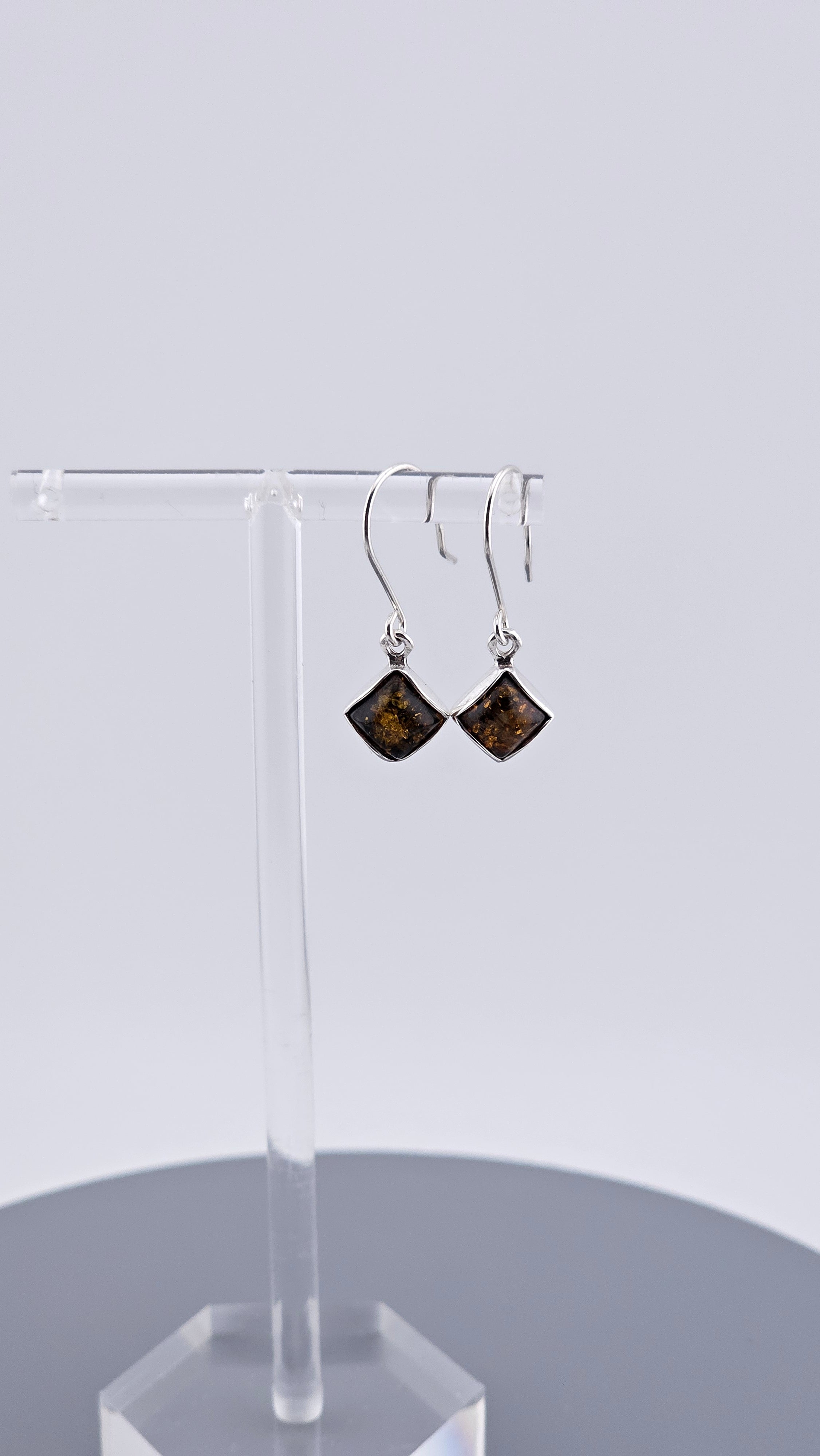 Vintage 925 Sterling Silver Square Amber Dangle Earrings