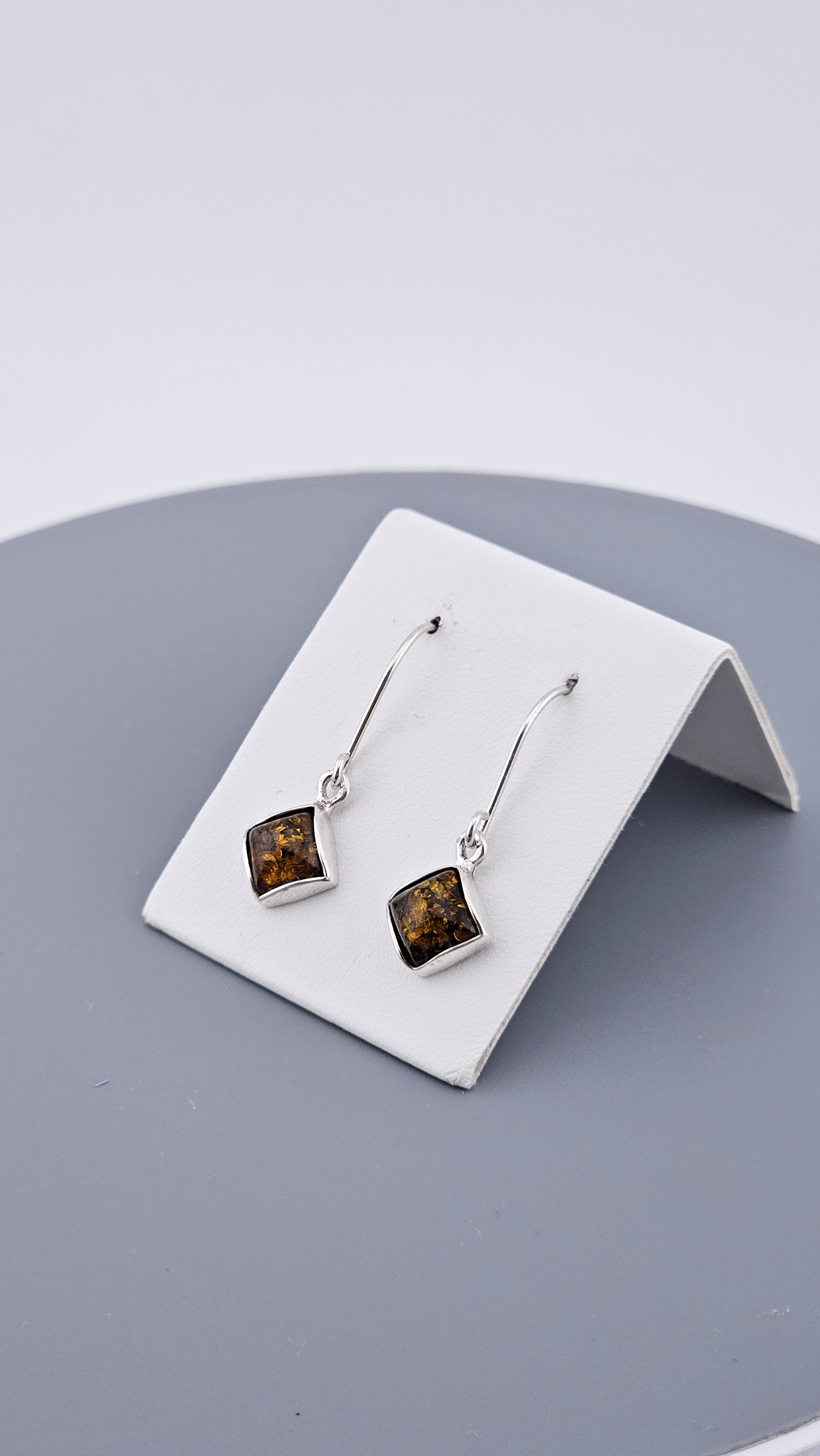Vintage 925 Sterling Silver Square Amber Dangle Earrings
