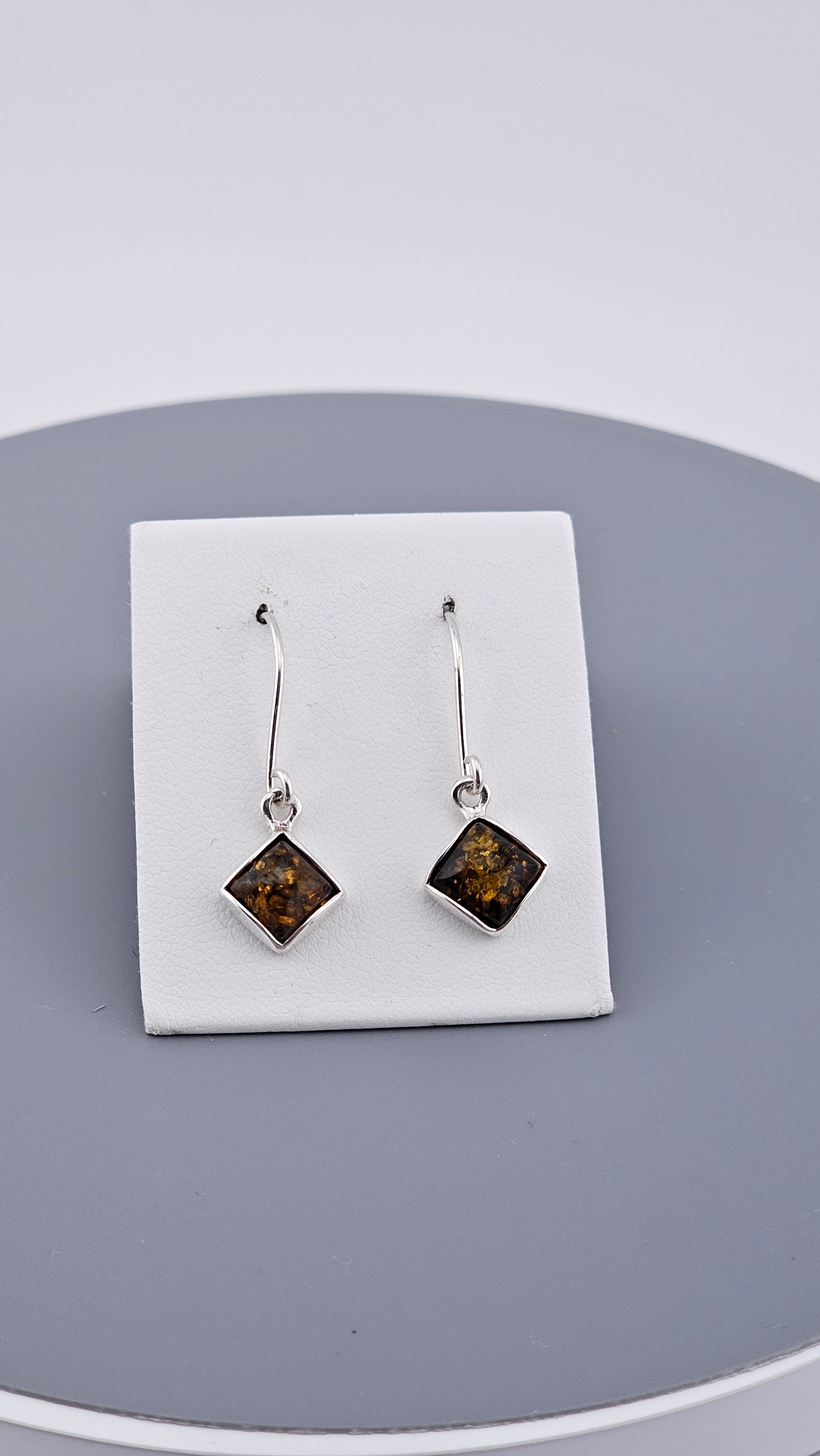 Vintage 925 Sterling Silver Square Amber Dangle Earrings