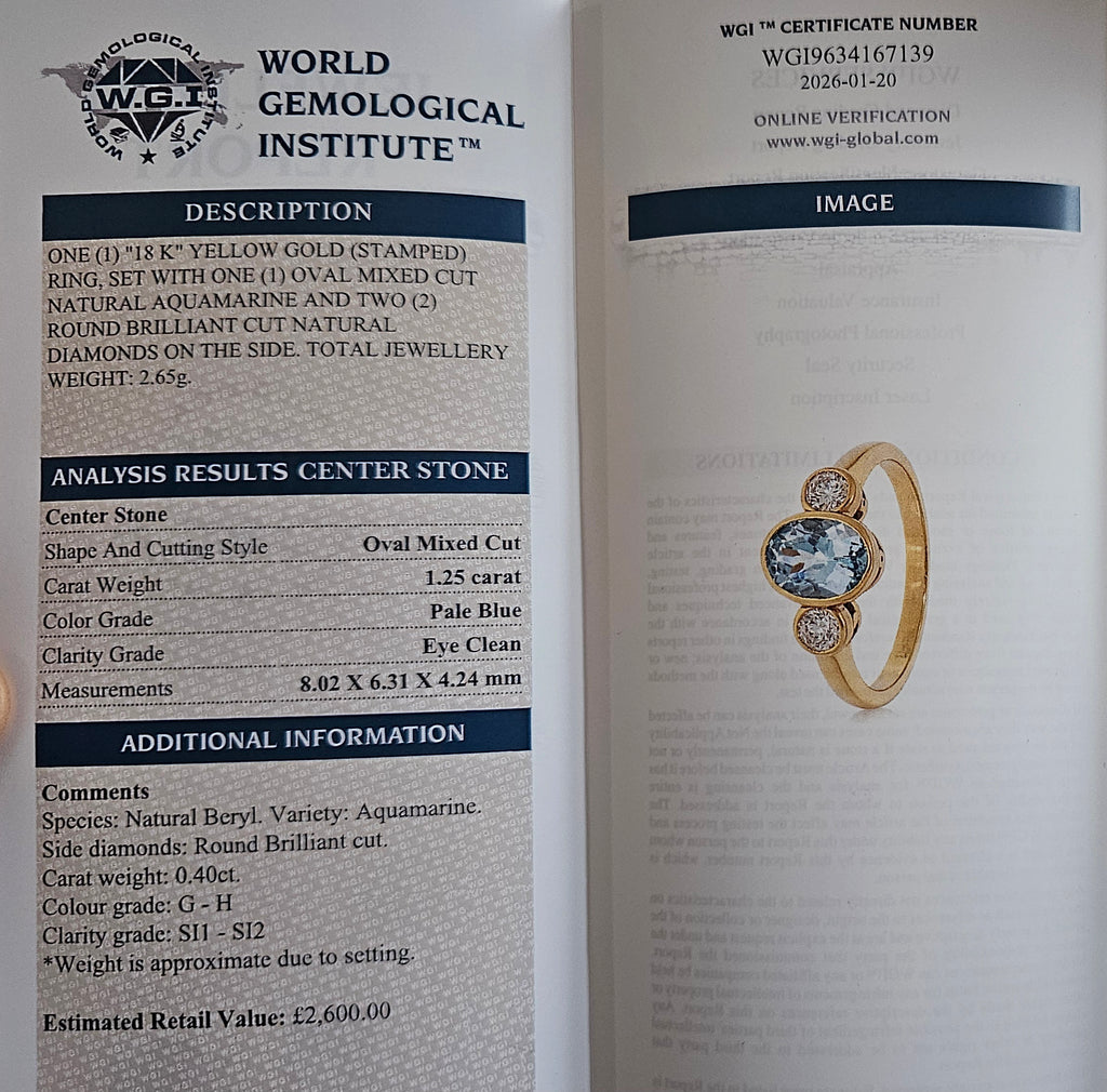 Pre-Loved 18K Yellow Gold Natural Aquamarine (1.25ct) & Diamond Trilogy Ring - Size UK N (2.65g) - WGI Certified