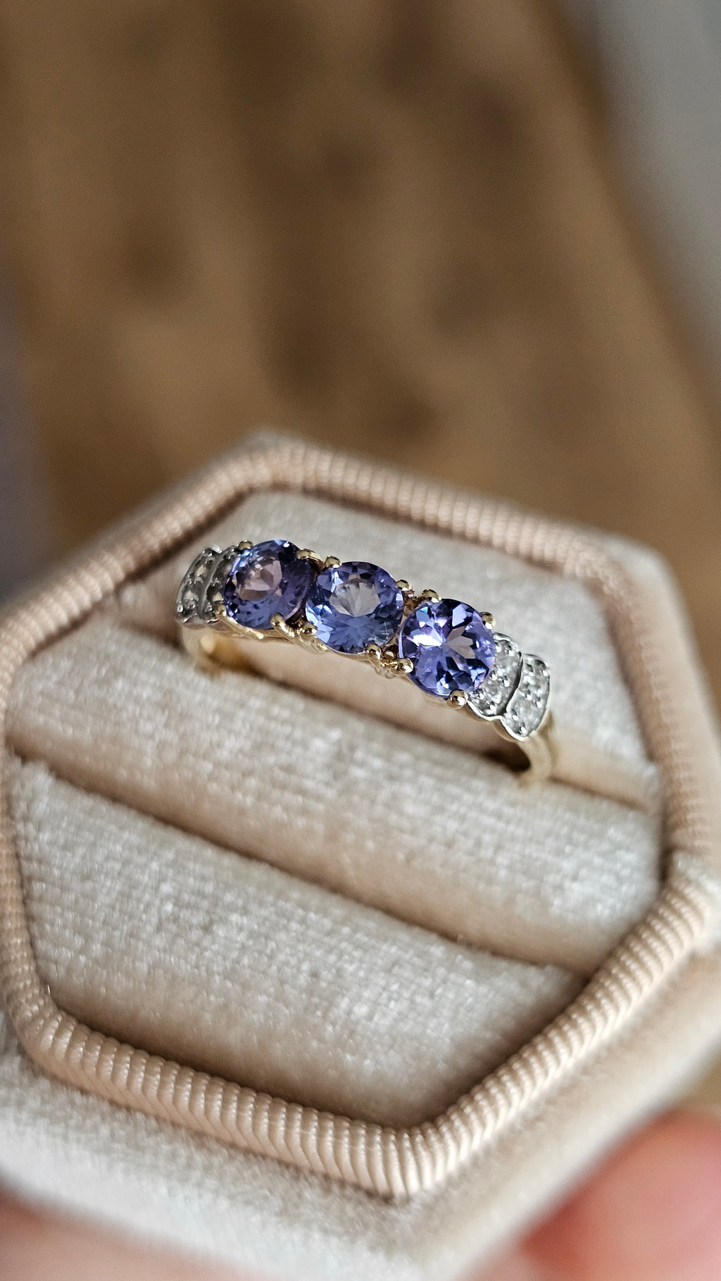 10ct Yellow Gold Natural Tanzanite & Zircon Trilogy Ring | Size UK P 1/2 (US 8) | 2.45g