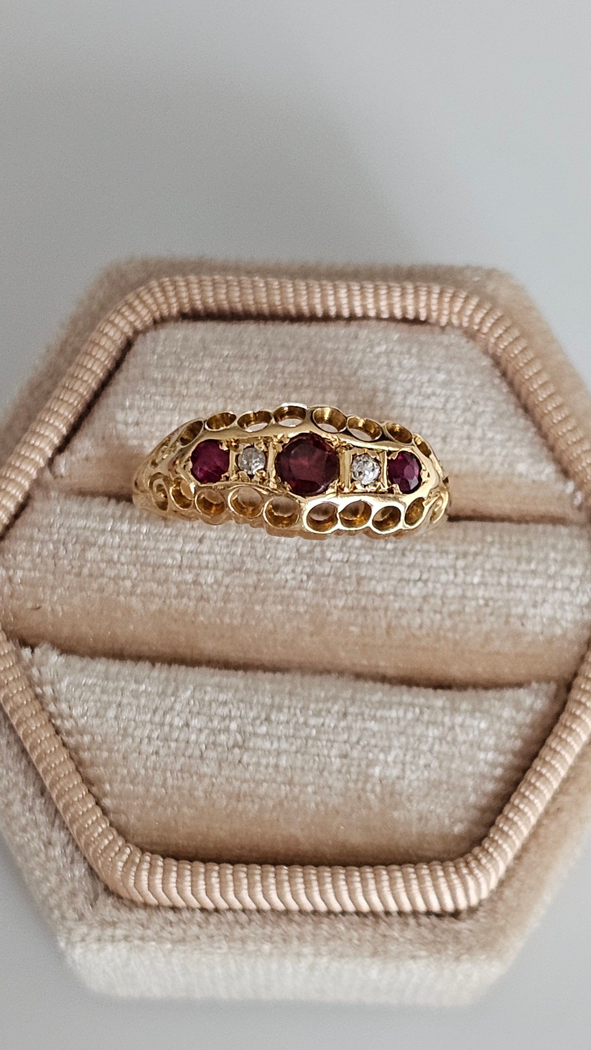 Antique 1915 Chester 18ct Gold Diamond, Garnet & Ruby Ring | L 1/2 | 2.36g