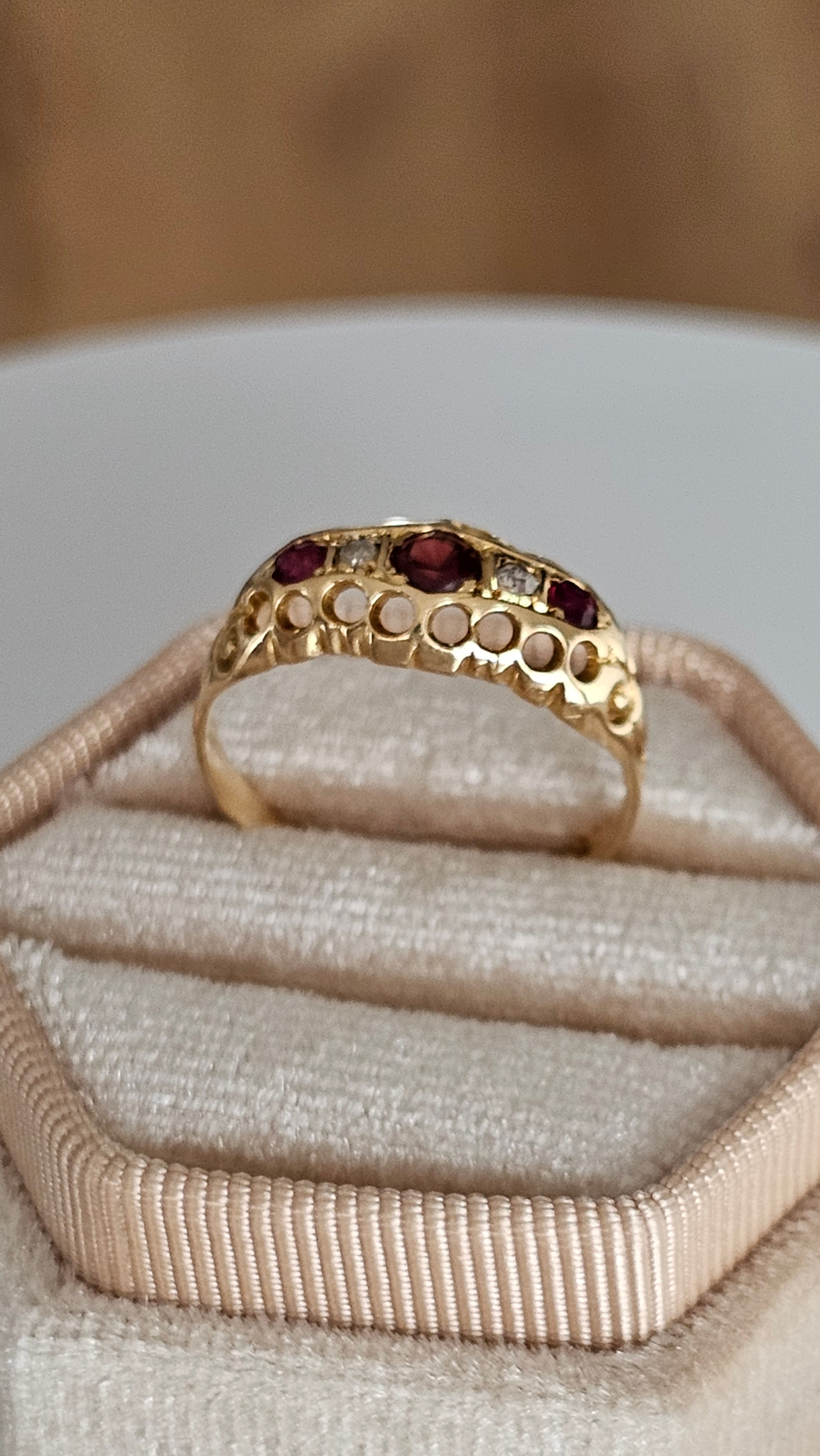 Antique 1915 Chester 18ct Gold Diamond, Garnet & Ruby Ring | L 1/2 | 2.36g
