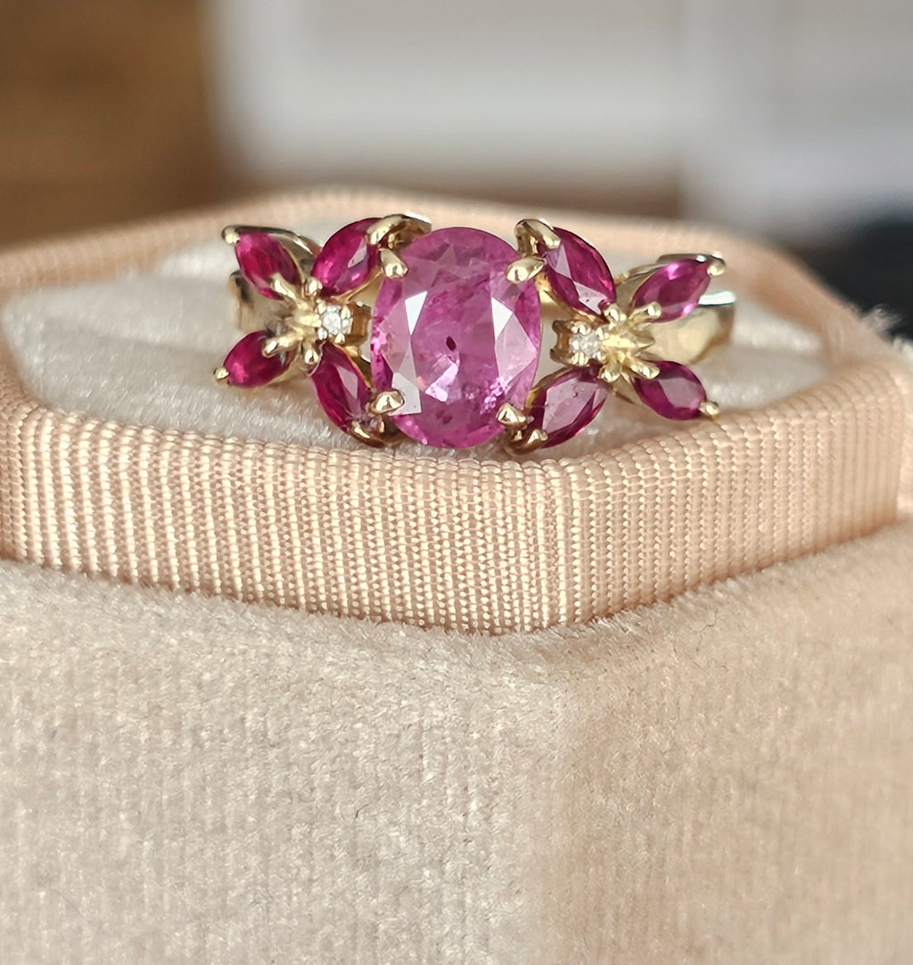 9ct Yellow Gold Natural Pink Sapphire & Diamond Ring | Size UK M 1/2 (US 6.5) | 3g
