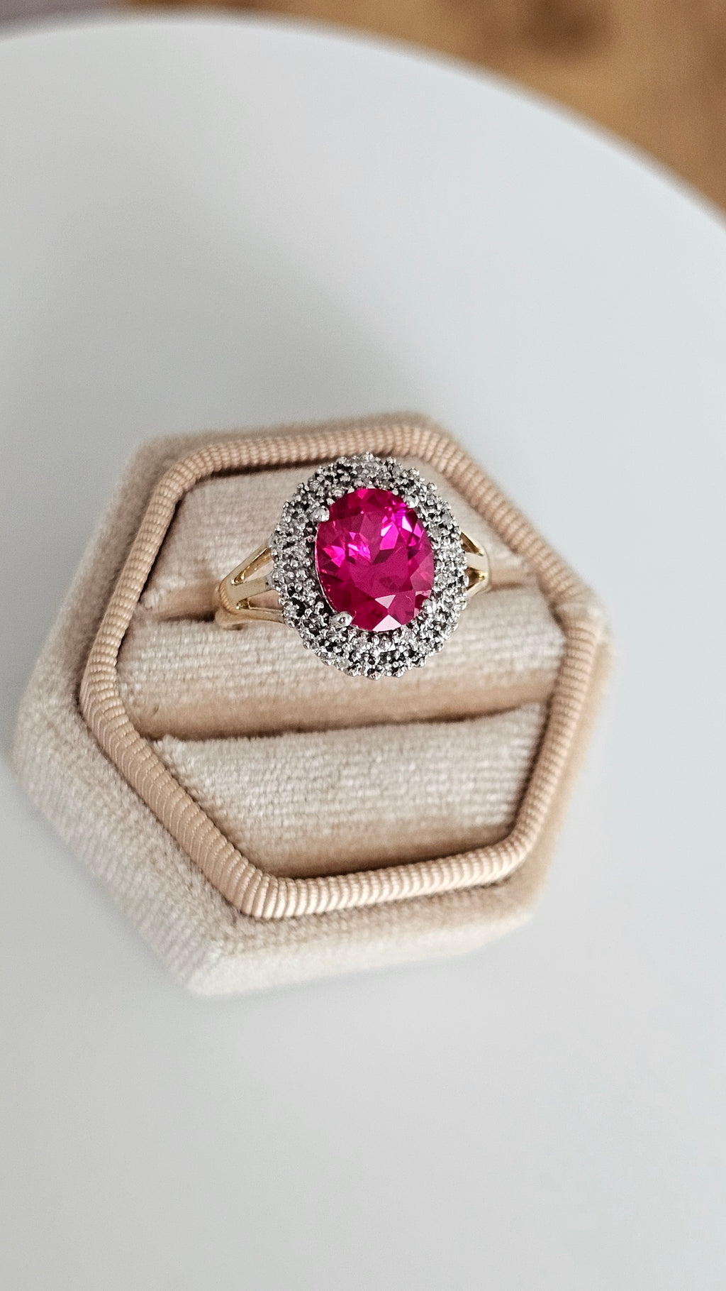 9ct Yellow Gold Cluster Ring | Lab Grown Ruby & Natural Diamonds | Size Q | 4.08g