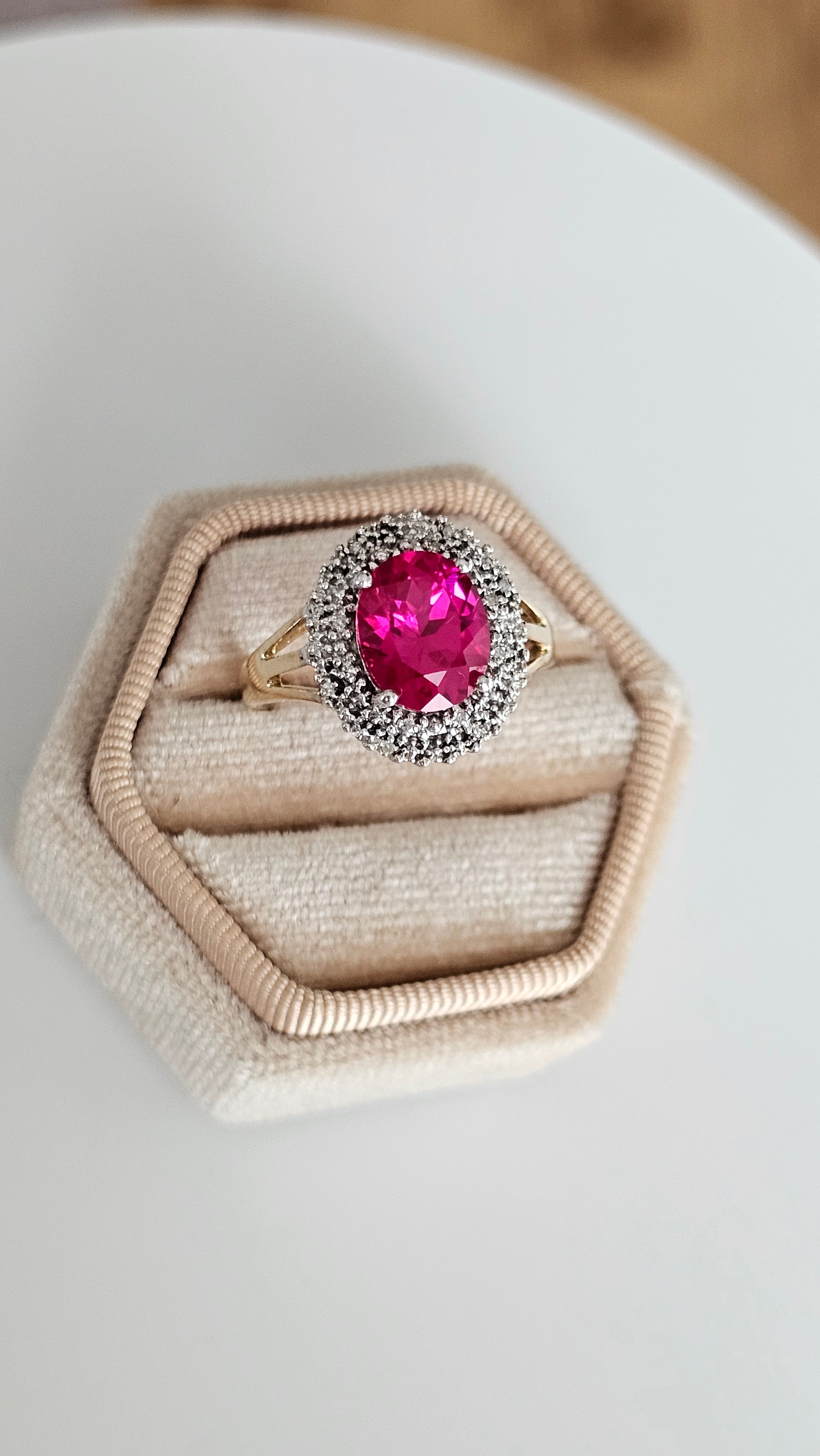 9ct Yellow Gold Cluster Ring | Lab Grown Ruby & Natural Diamonds | Size Q | 4.08g