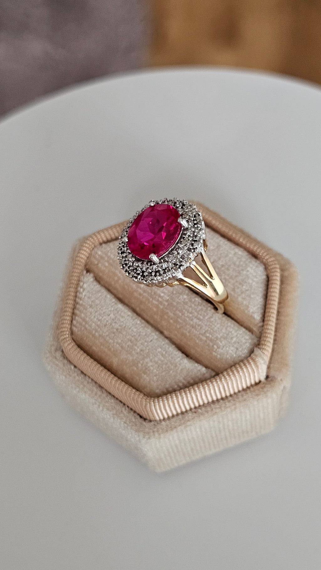 9ct Yellow Gold Cluster Ring | Lab Grown Ruby & Natural Diamonds | Size Q | 4.08g