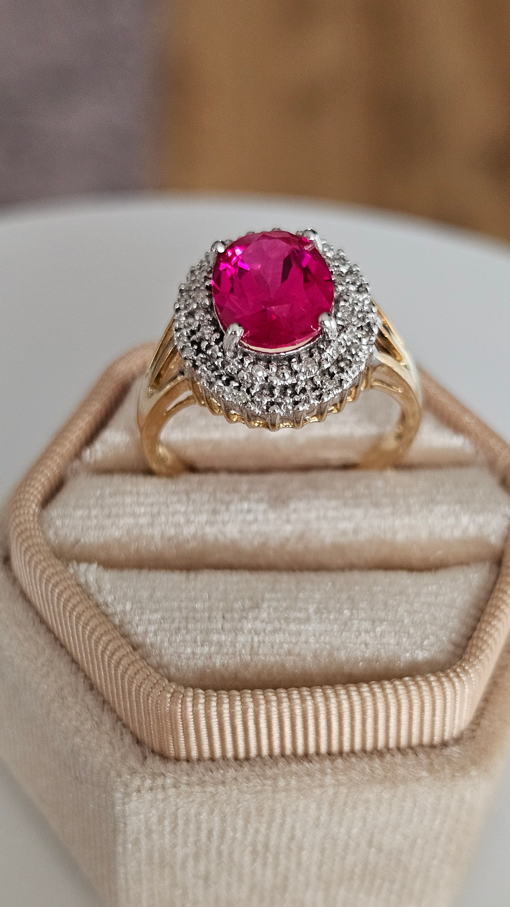 9ct Yellow Gold Cluster Ring | Lab Grown Ruby & Natural Diamonds | Size Q | 4.08g
