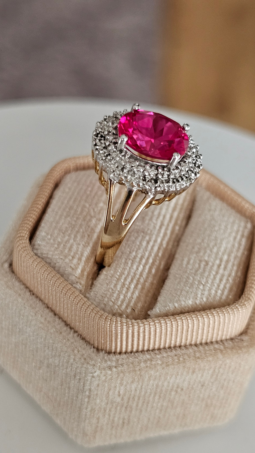 9ct Yellow Gold Cluster Ring | Lab Grown Ruby & Natural Diamonds | Size Q | 4.08g