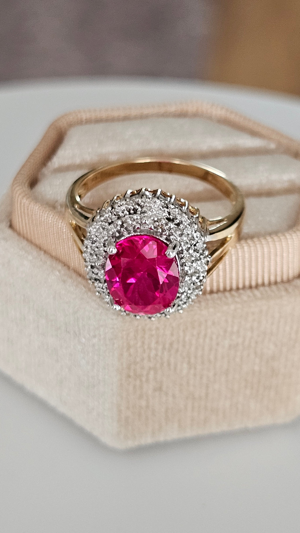 9ct Yellow Gold Cluster Ring | Lab Grown Ruby & Natural Diamonds | Size Q | 4.08g