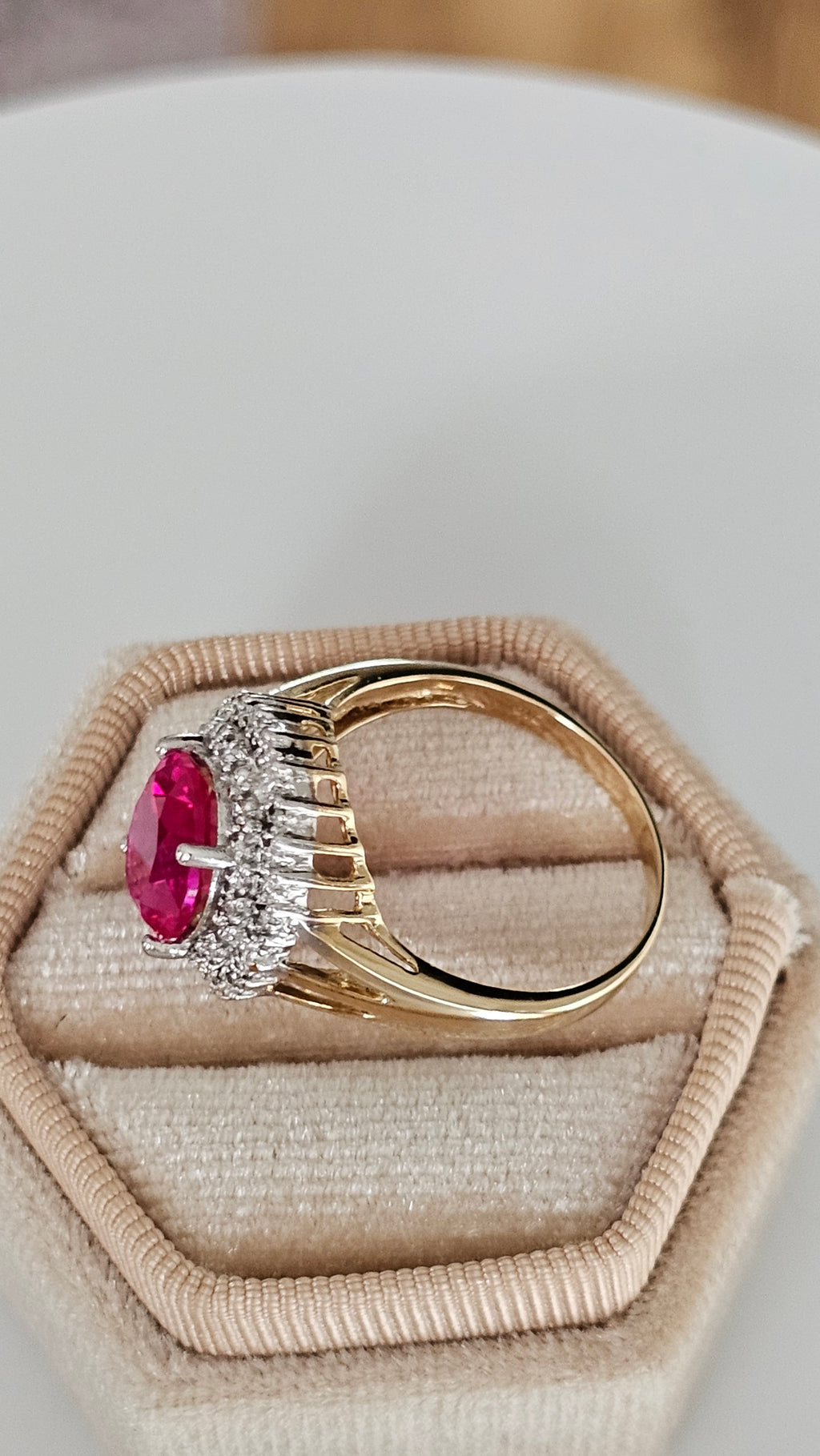 9ct Yellow Gold Cluster Ring | Lab Grown Ruby & Natural Diamonds | Size Q | 4.08g