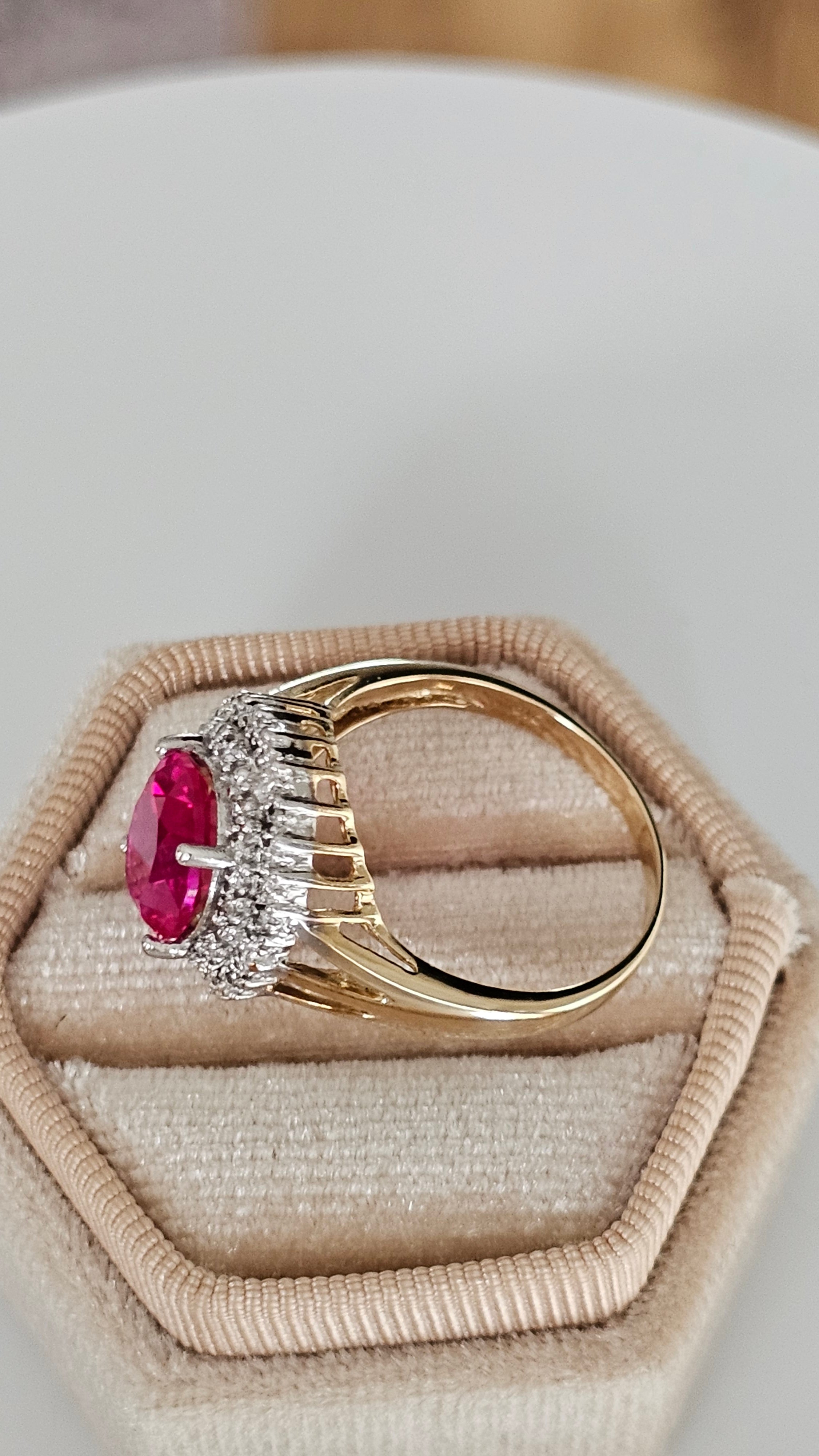 9ct Yellow Gold Cluster Ring | Lab Grown Ruby & Natural Diamonds | Size Q | 4.08g